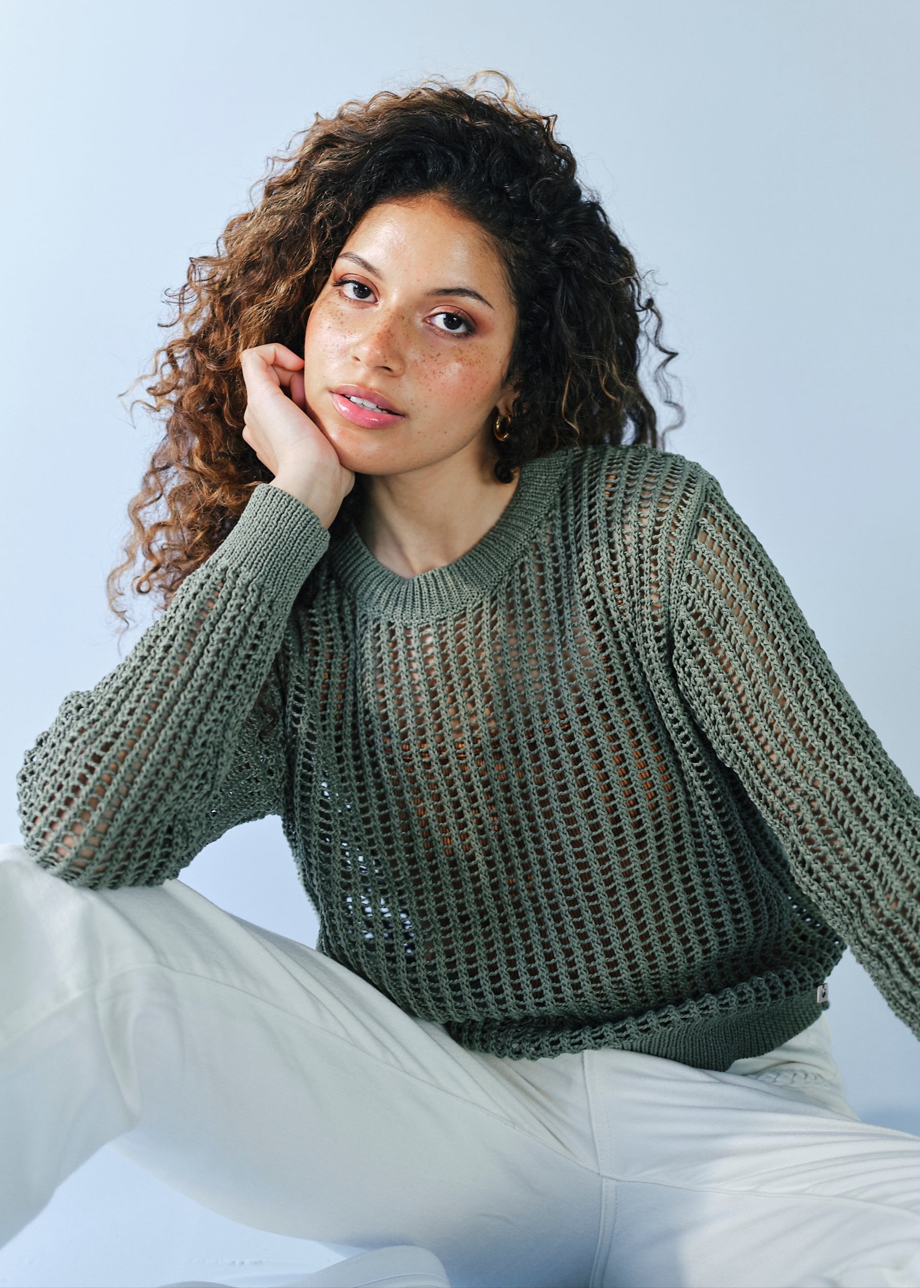 Ibiza Knitted Open Weave Jumper with Lurex in Khaki