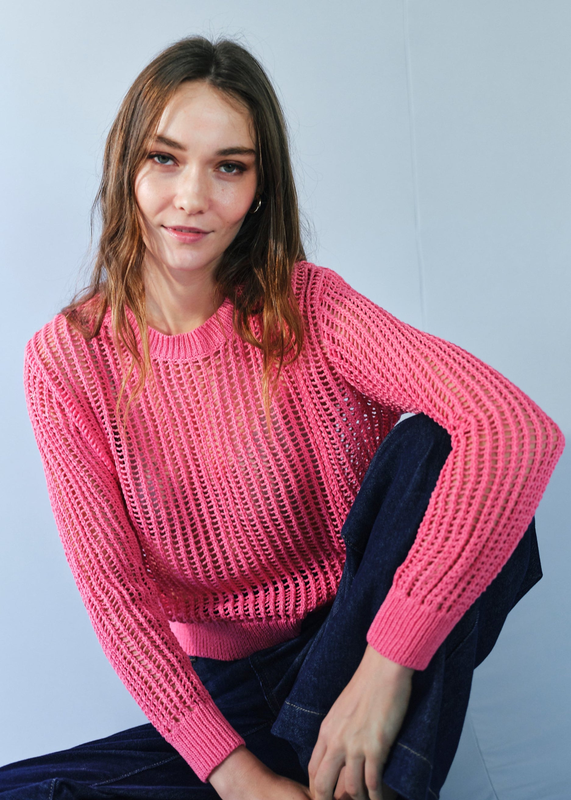 Ibiza Knitted Open Weave Jumper with Lurex in Pink