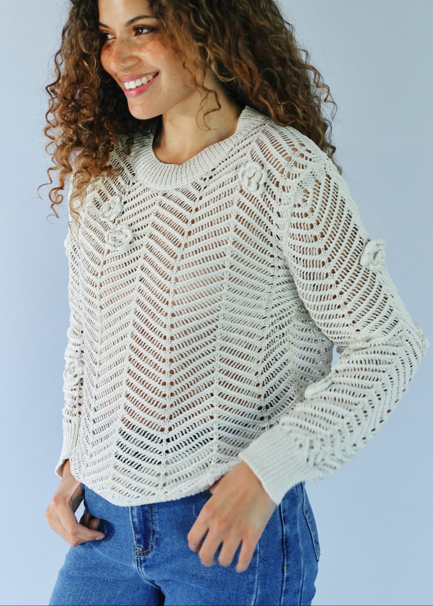 Camellia Knitted Open Weave Jumper with Lurex in Cream