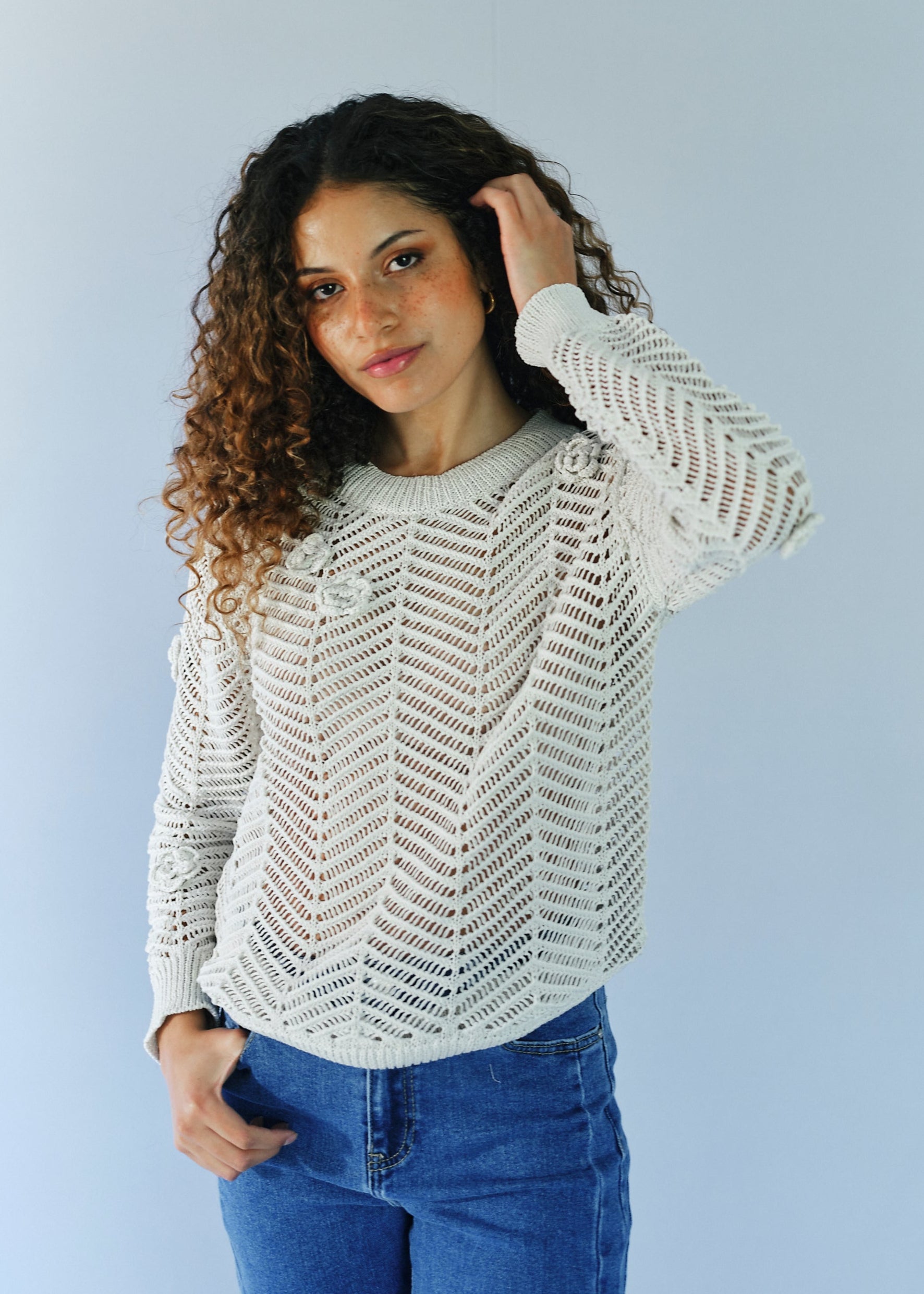 Camellia Knitted Open Weave Jumper with Lurex in Cream