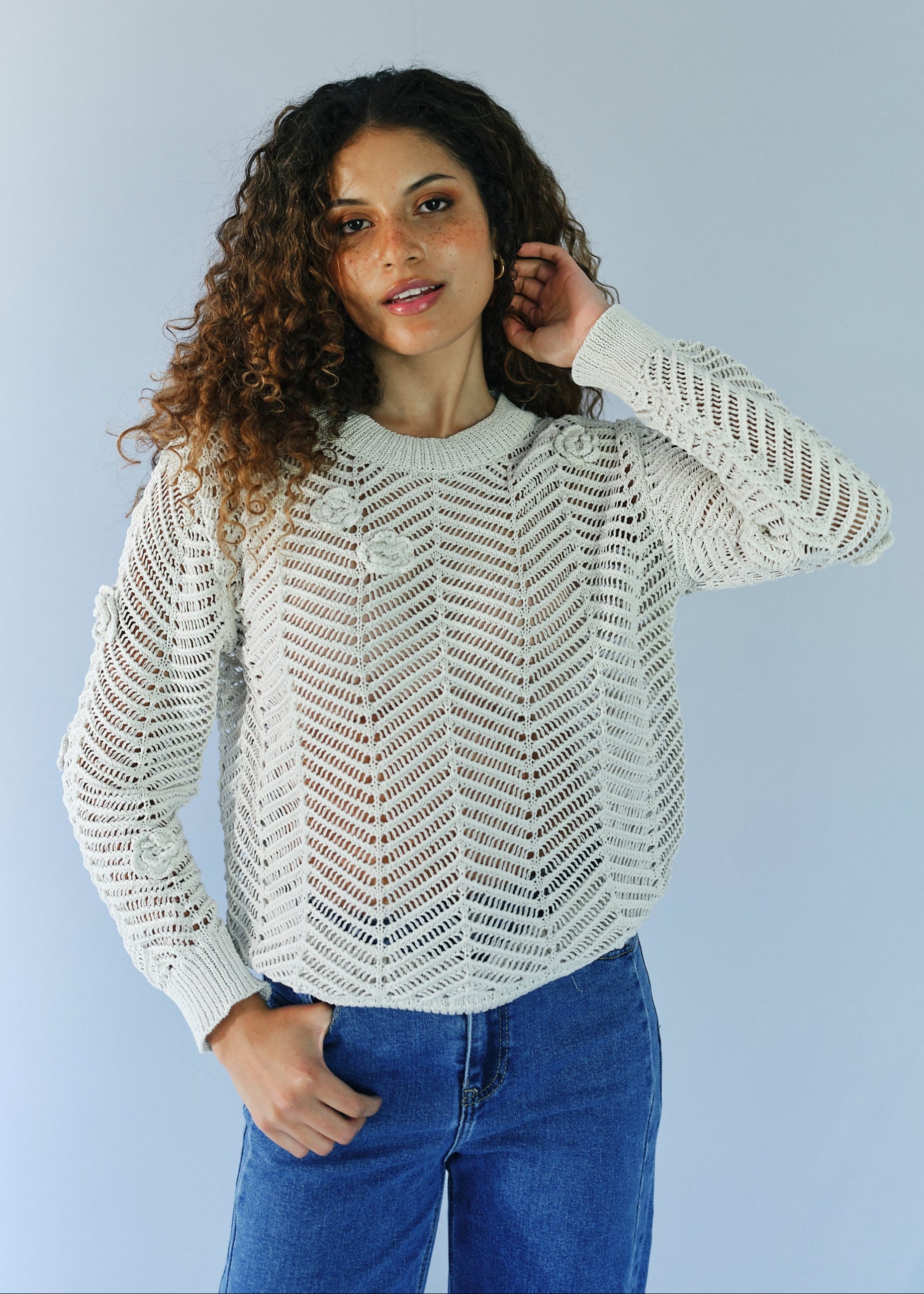 Camellia Knitted Open Weave Jumper with Lurex in Cream