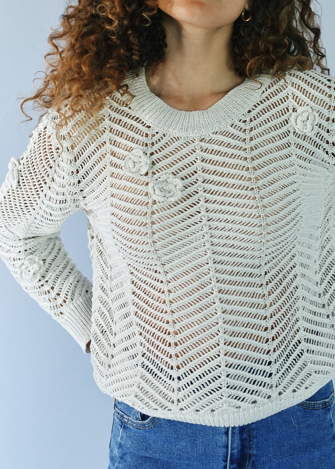 Camellia Knitted Open Weave Jumper with Lurex in Cream