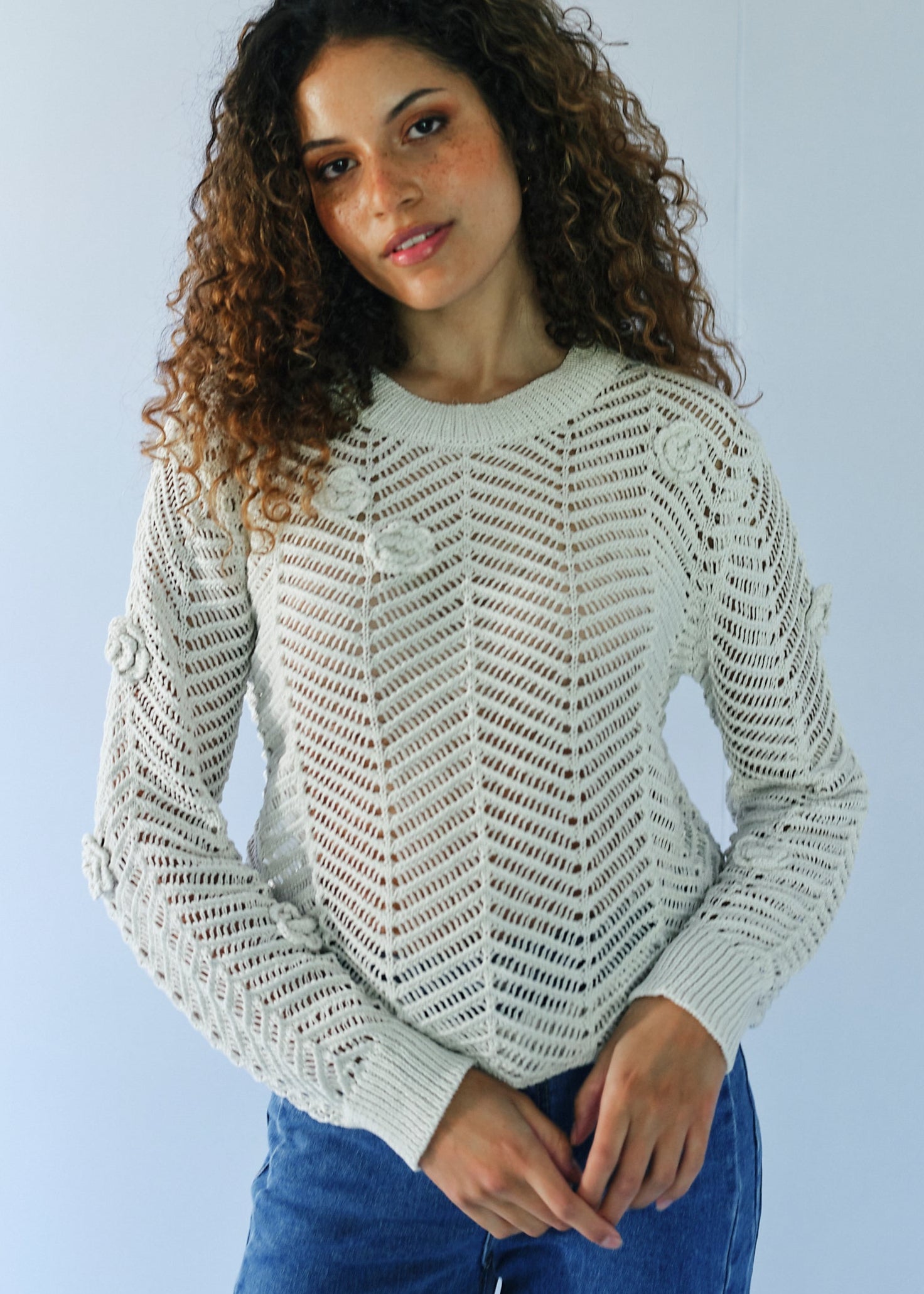 Camellia Knitted Open Weave Jumper with Lurex in Cream