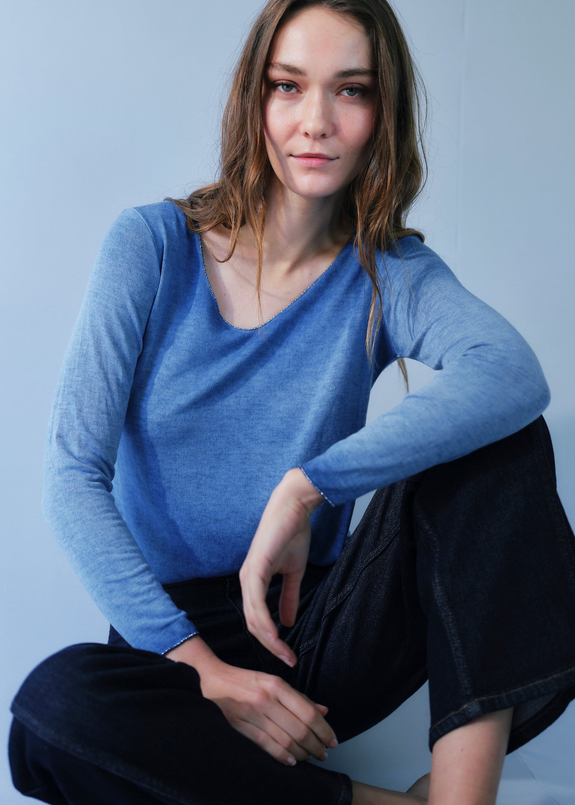 Italian V Neck Knit with Shimmer Edge in Marine Blue