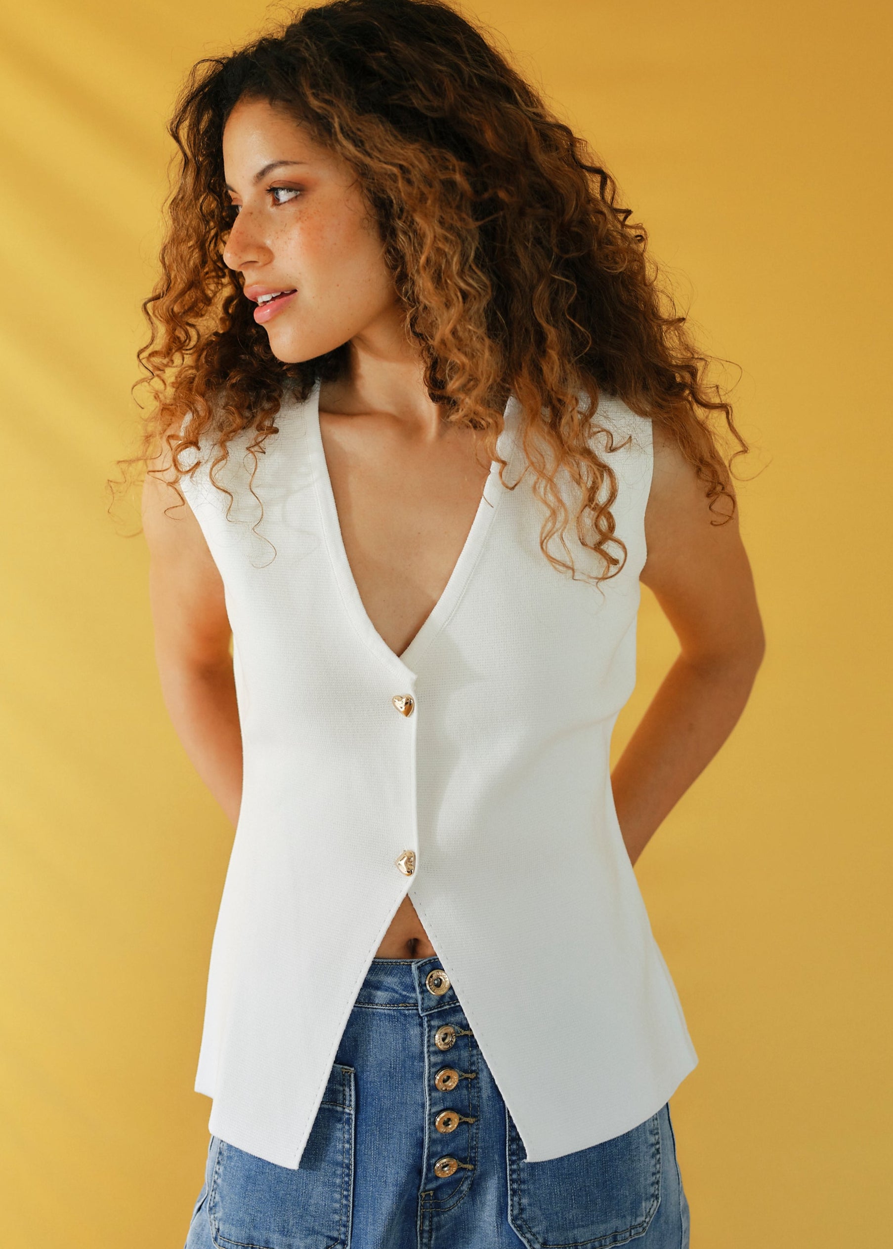 Sleeveless Knitted Cardi with Gold Heart Buttons in White