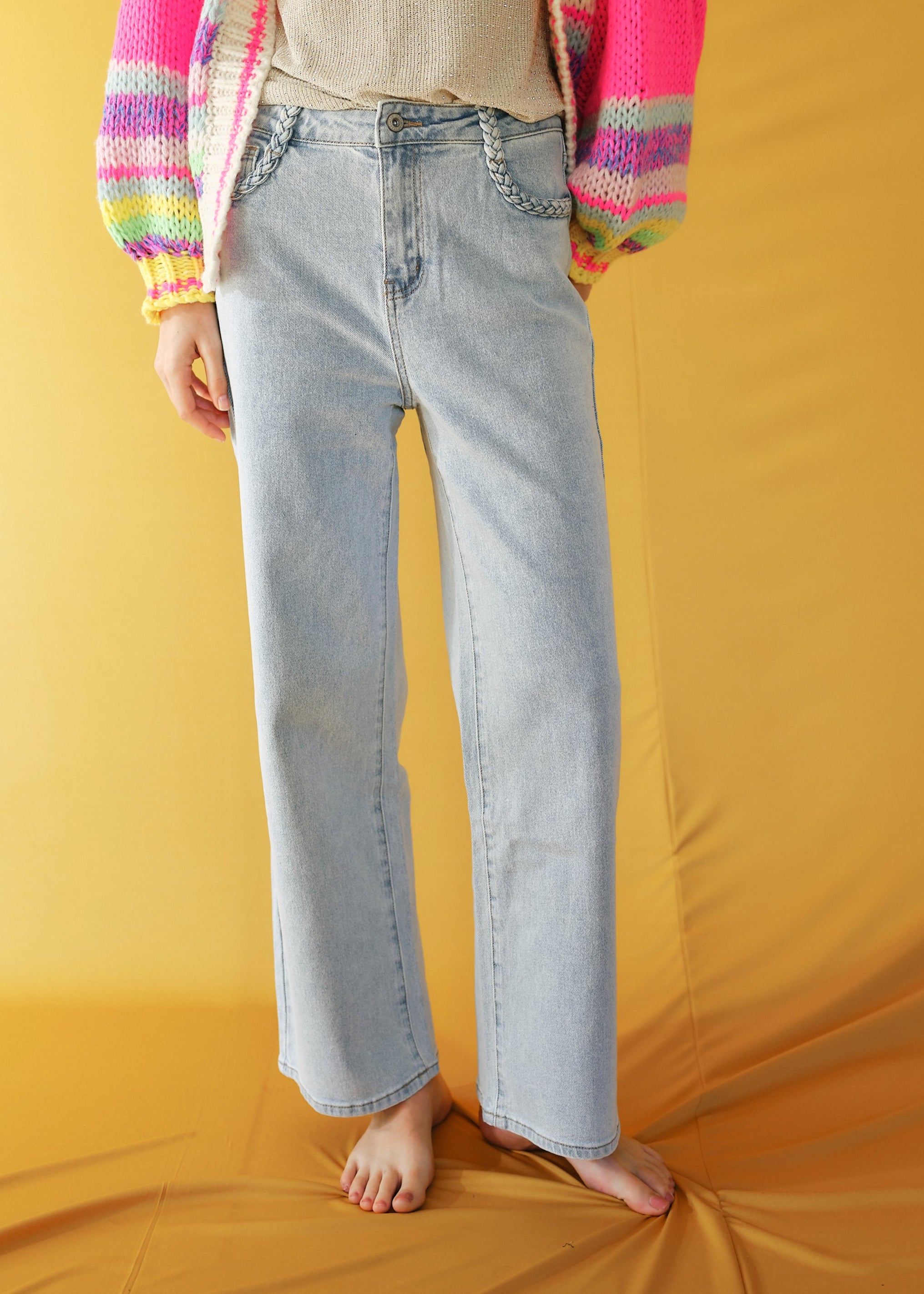 Faded Light Blue Jeans with Plait Detail