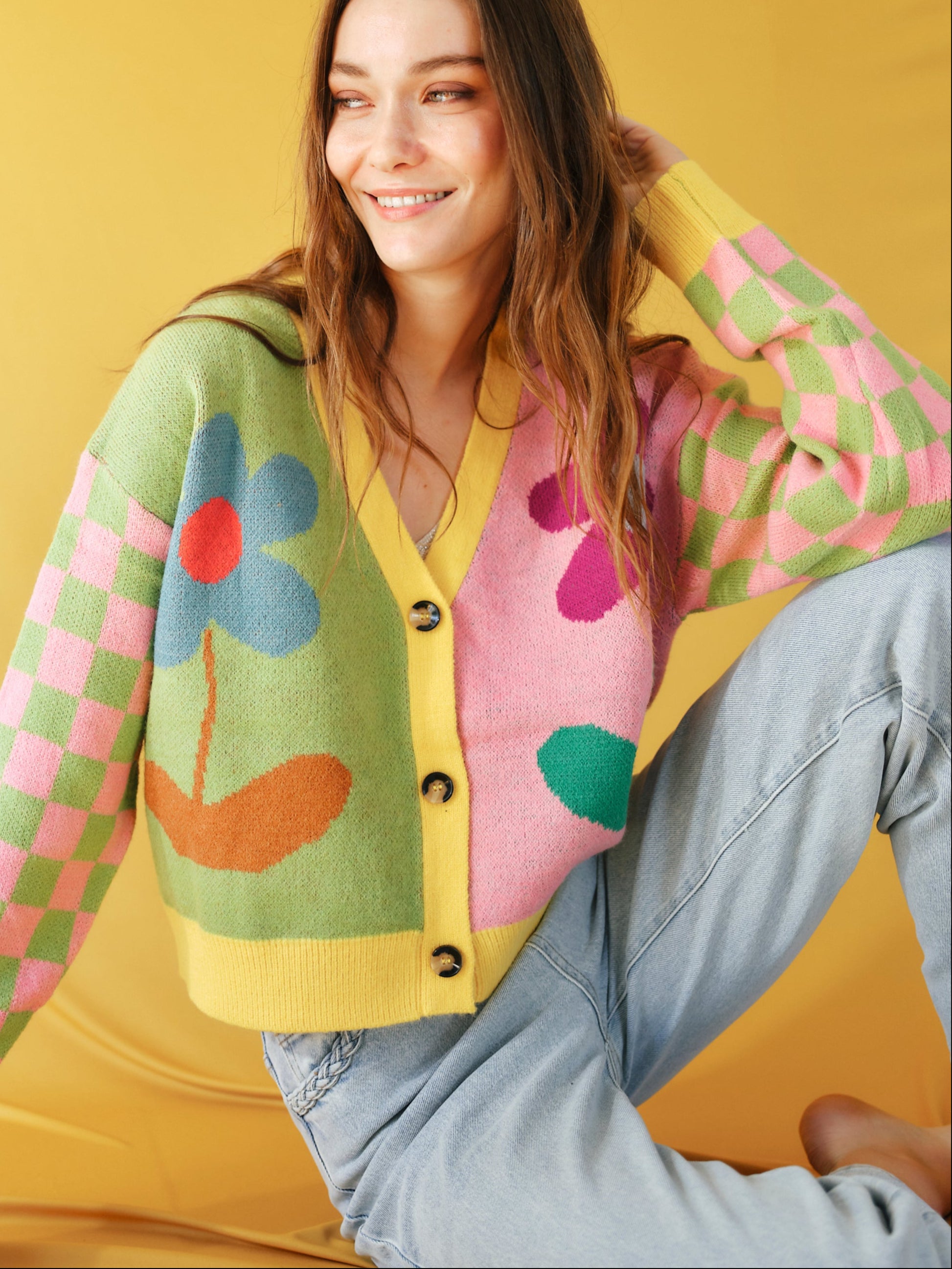 Daisy Cardigan in Green and Pink