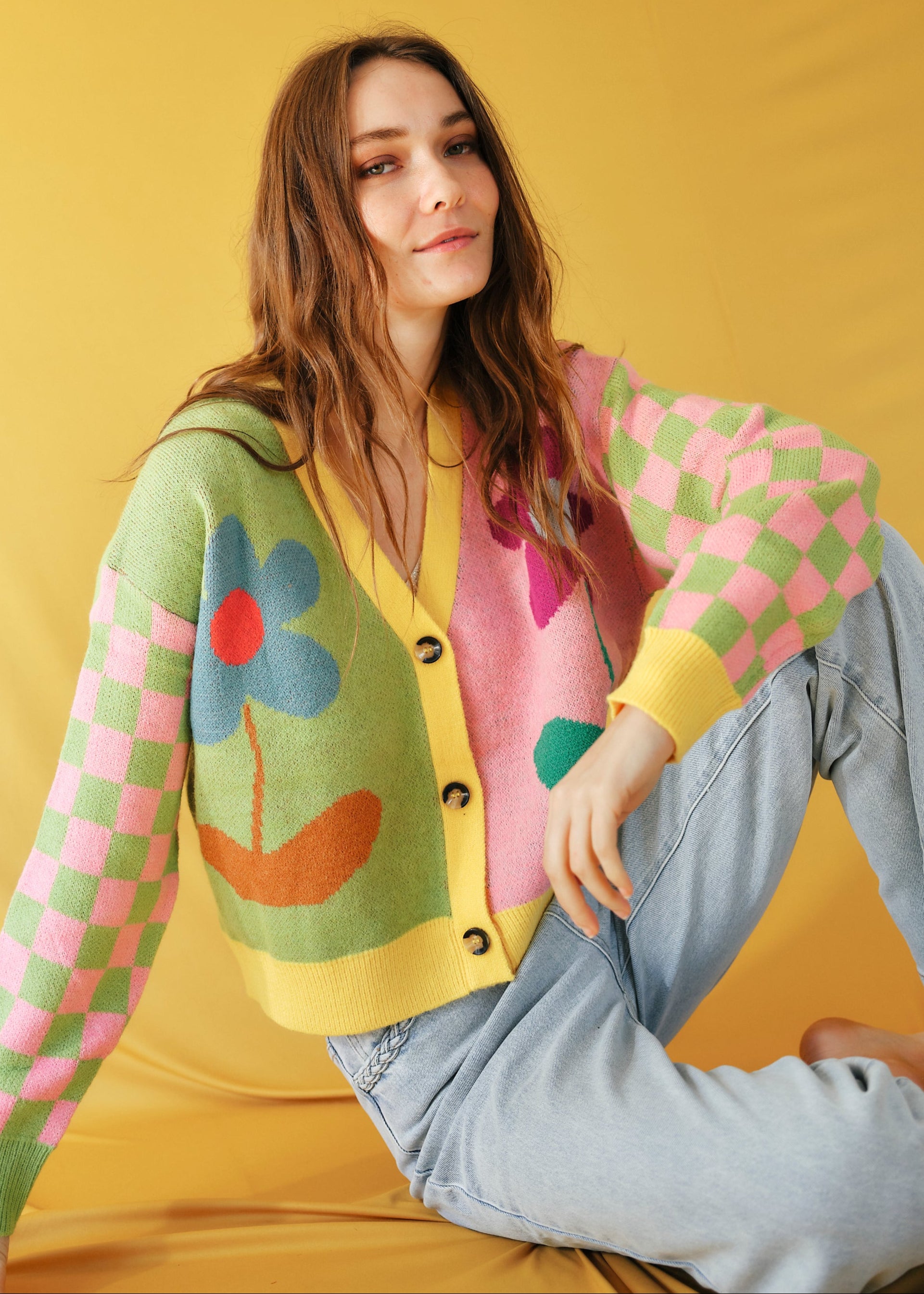 Daisy Cardigan in Green and Pink