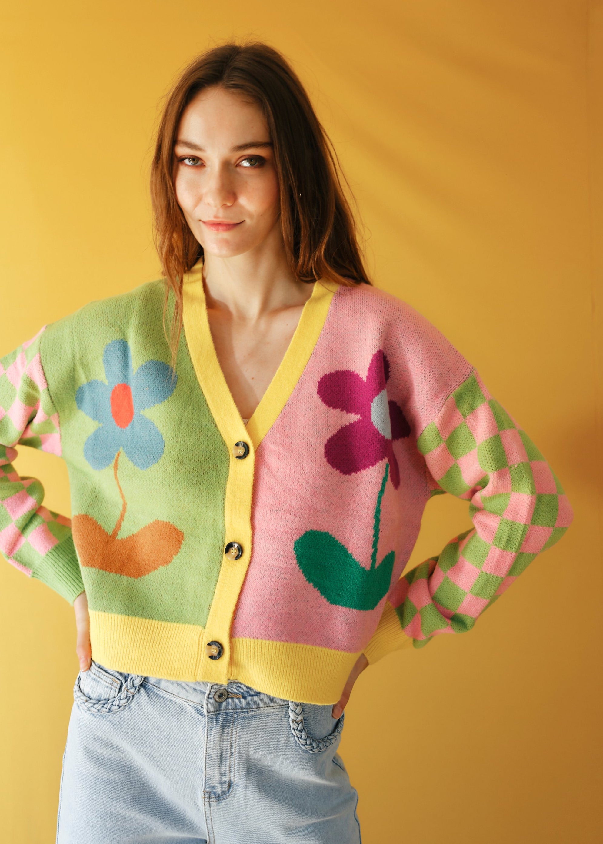 Daisy Cardigan in Green and Pink