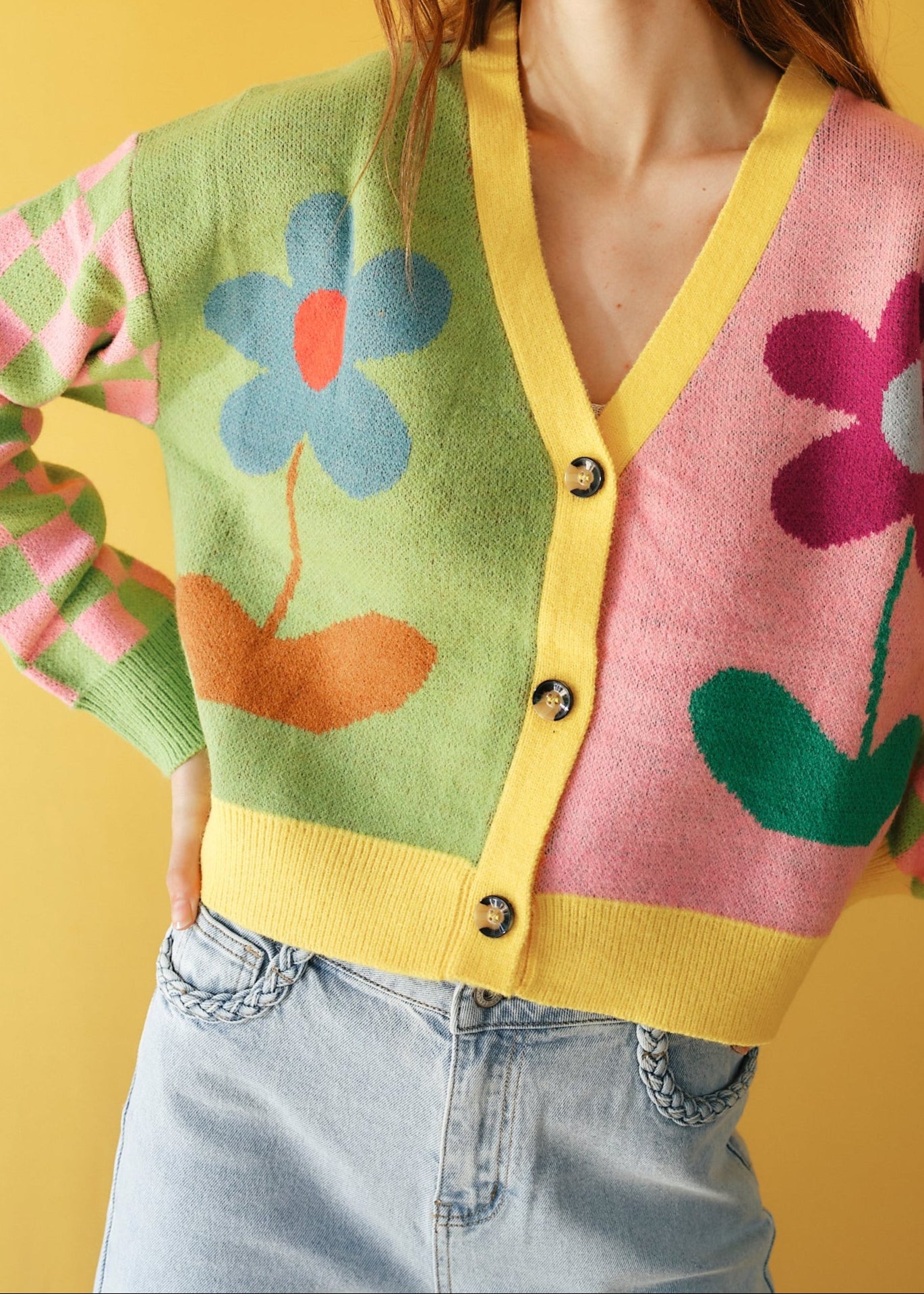 Daisy Cardigan in Green and Pink