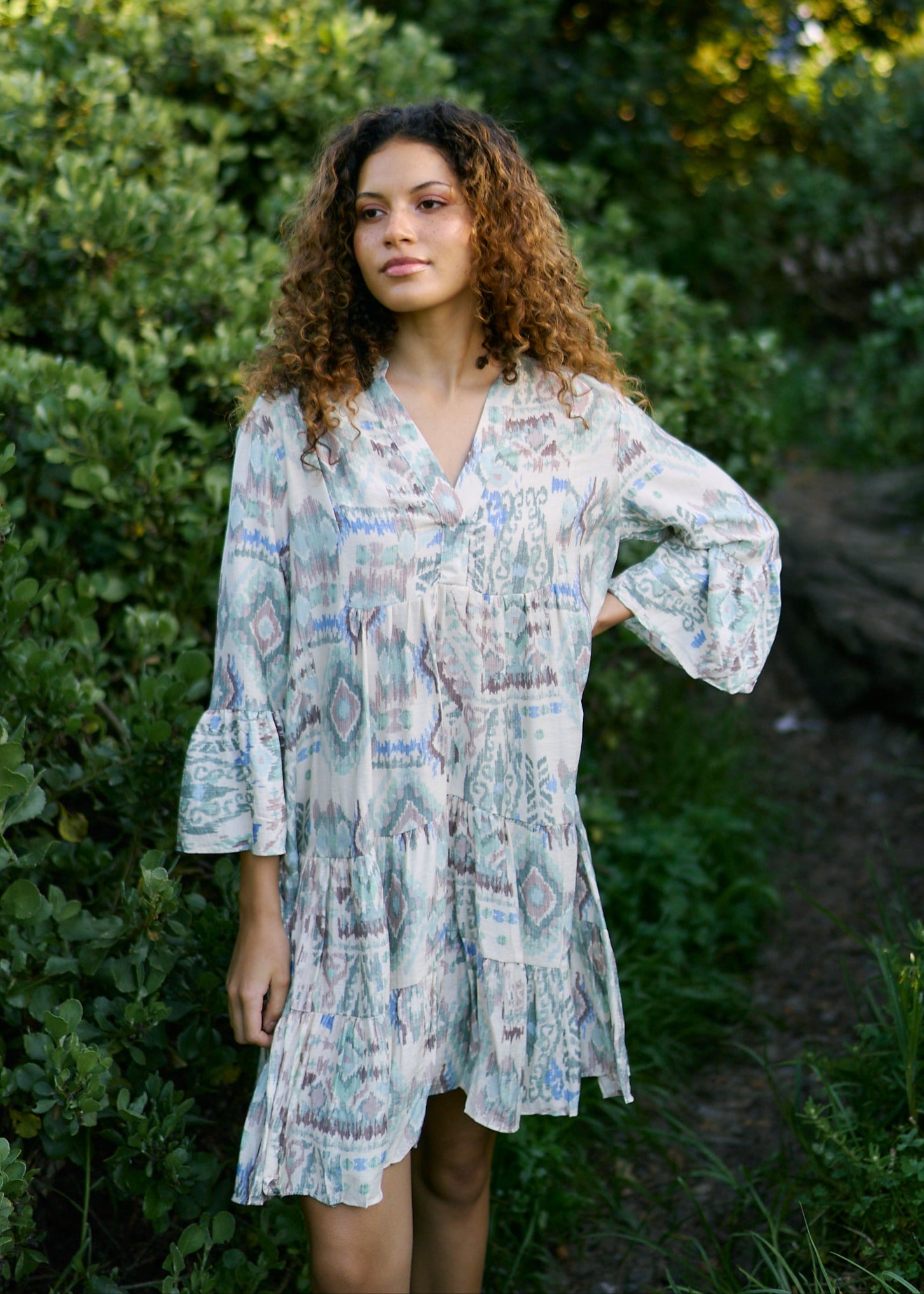 Helena Short Bohemian Dress in Blue Abstract Print