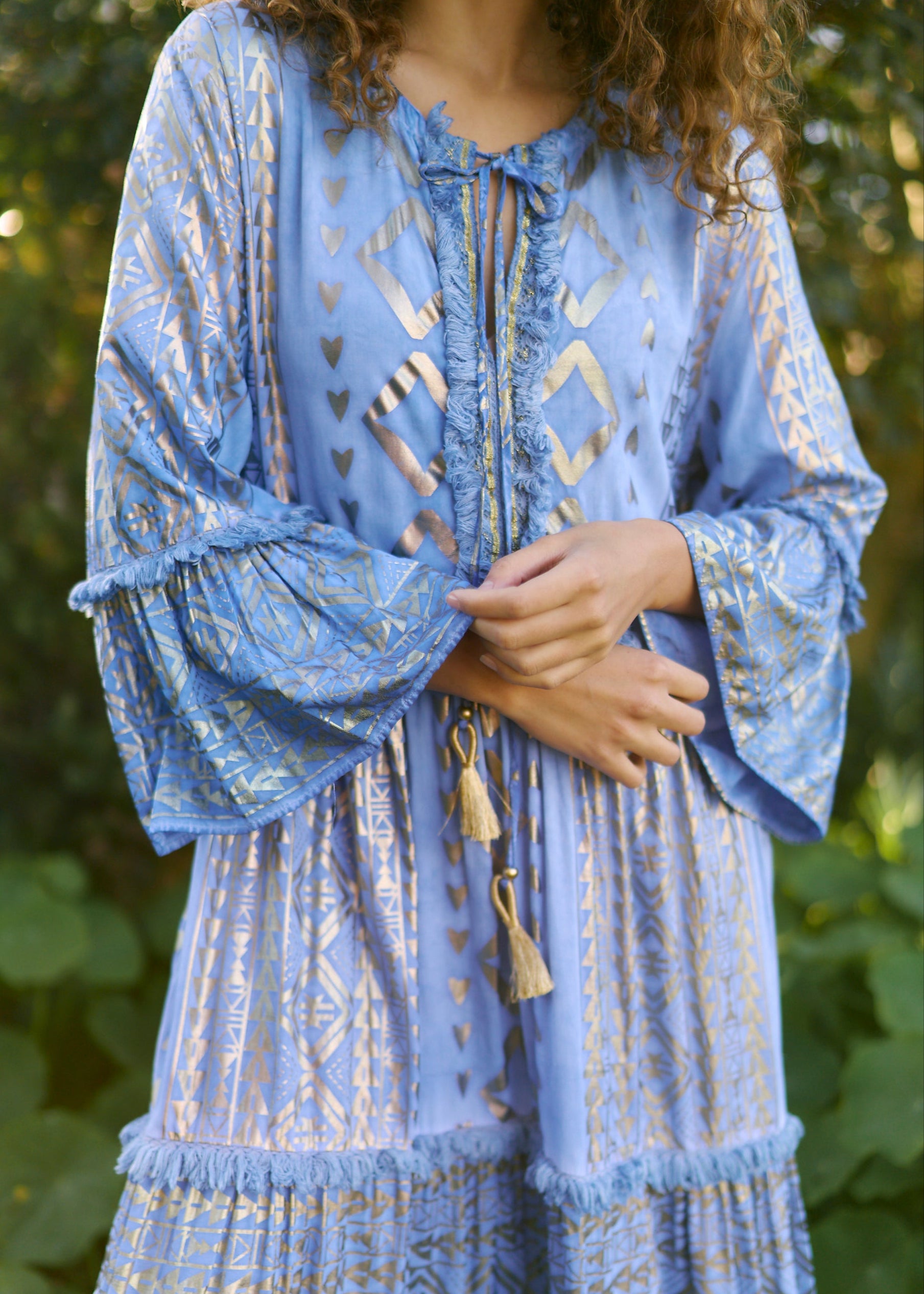 Phoebe Maxi Bohemian Dress with Gold Foil in Indigo Blue
