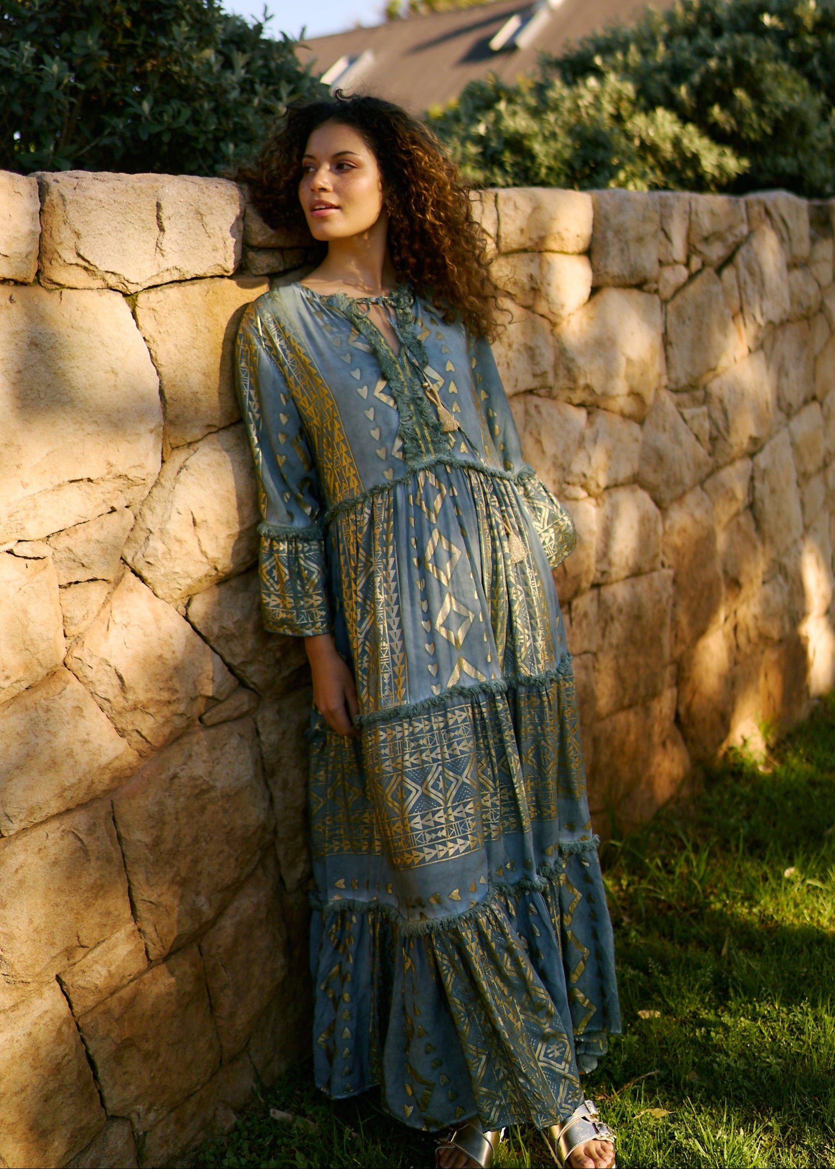 Phoebe Maxi Bohemian Dress with Front Tassels in Deep Green