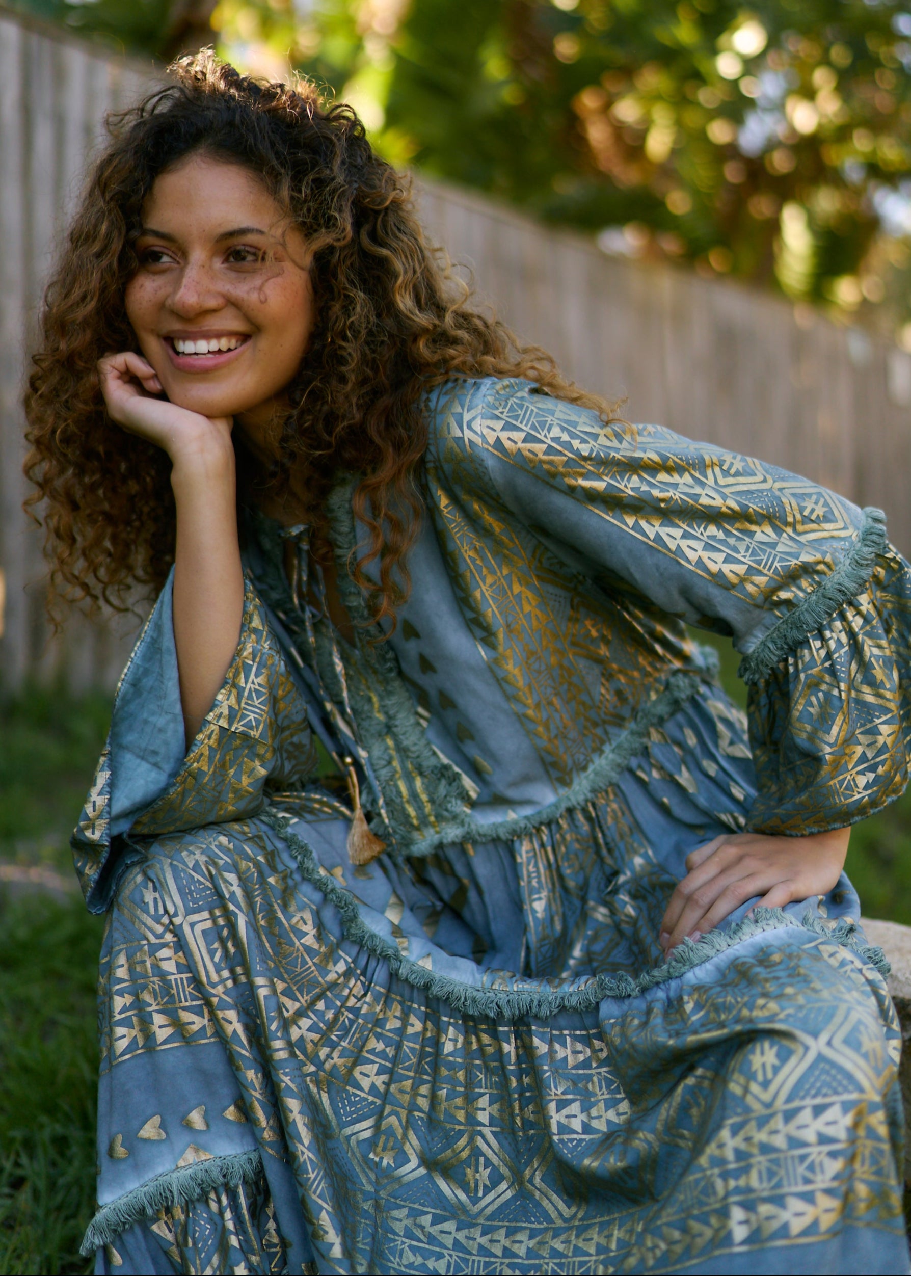 Phoebe Maxi Bohemian Dress with Front Tassels in Deep Green