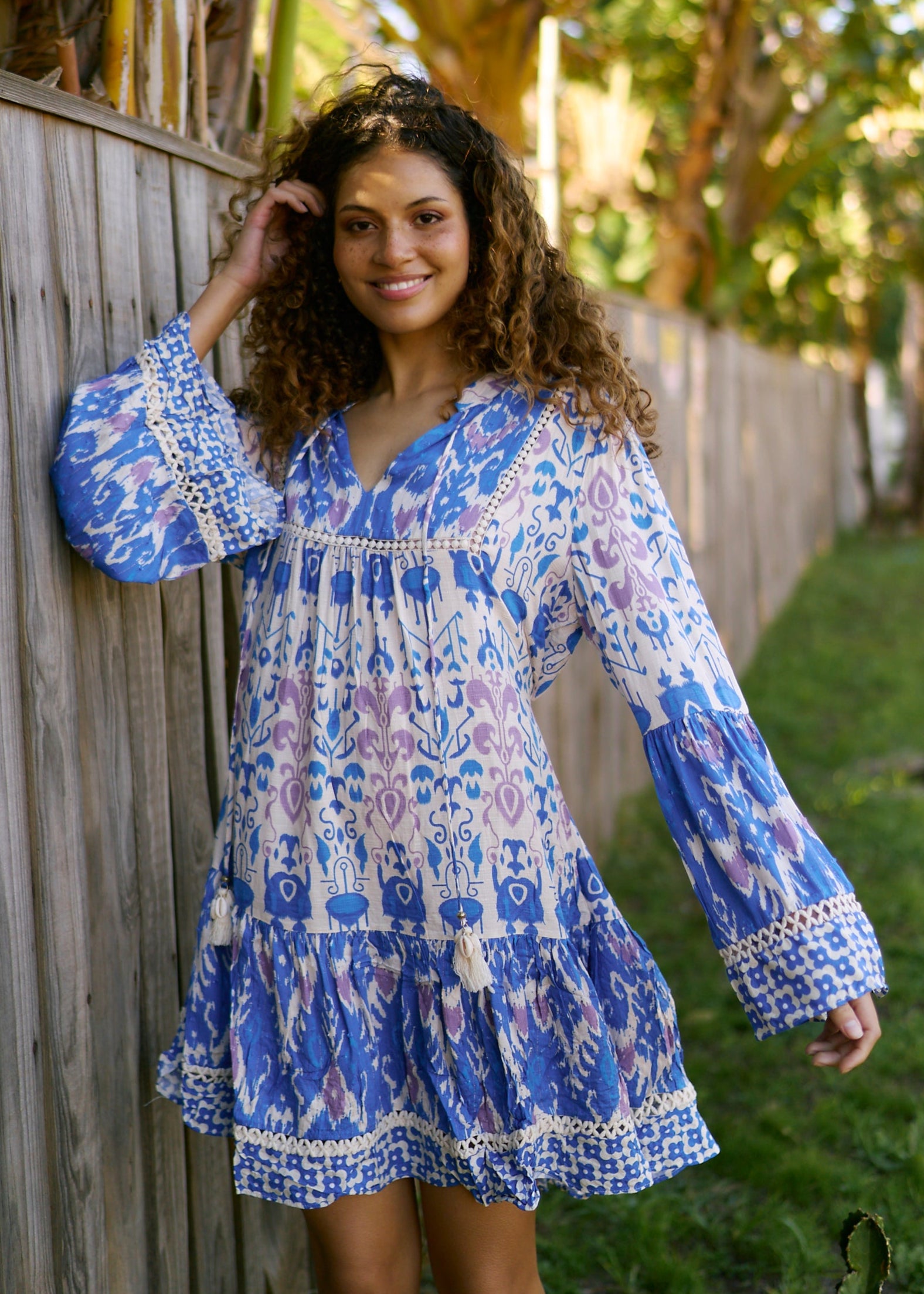 Short Bohemian Dress with Tassels in Indigo Blue