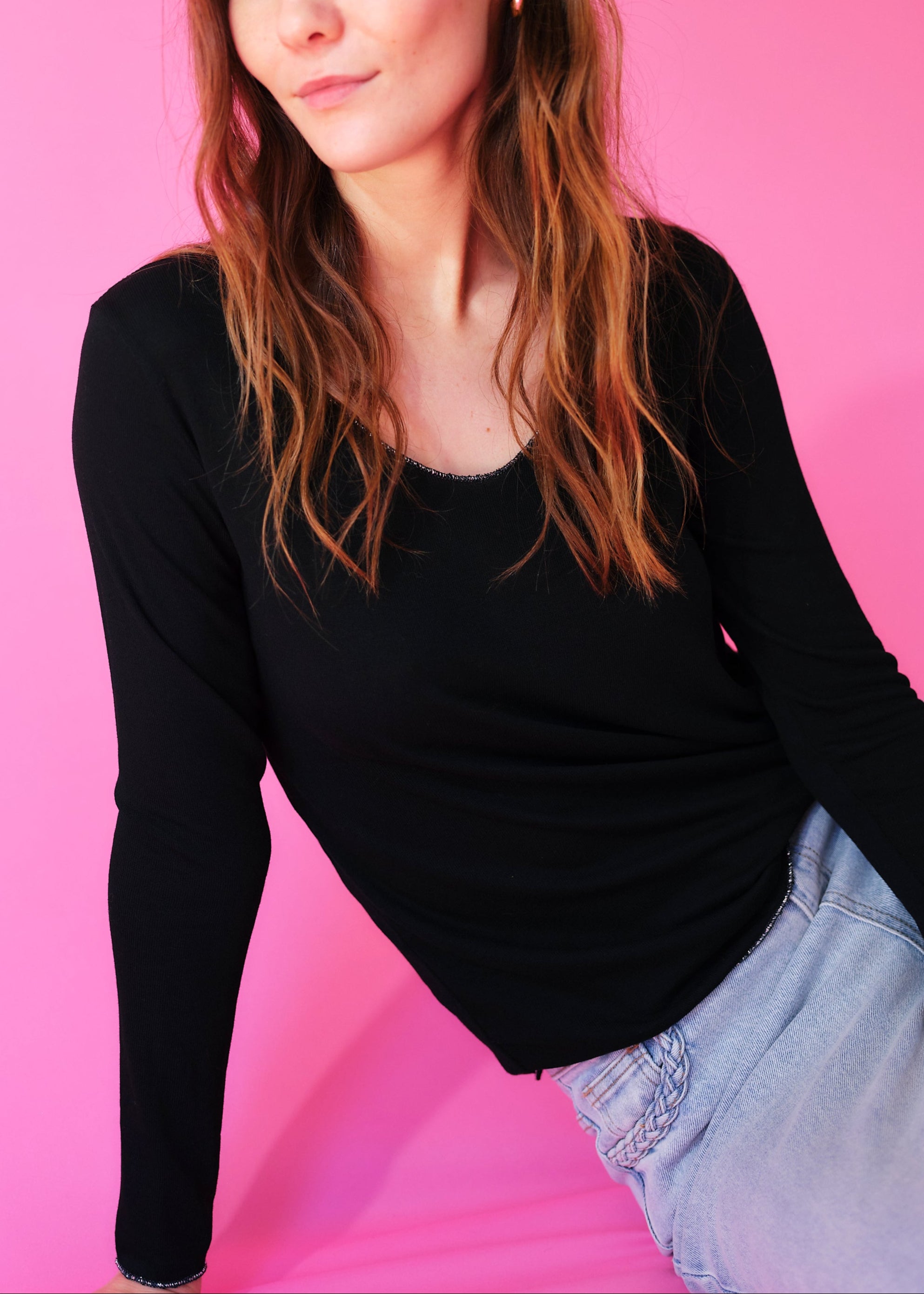 Italian V Neck Knit with Shimmer Edge in Black