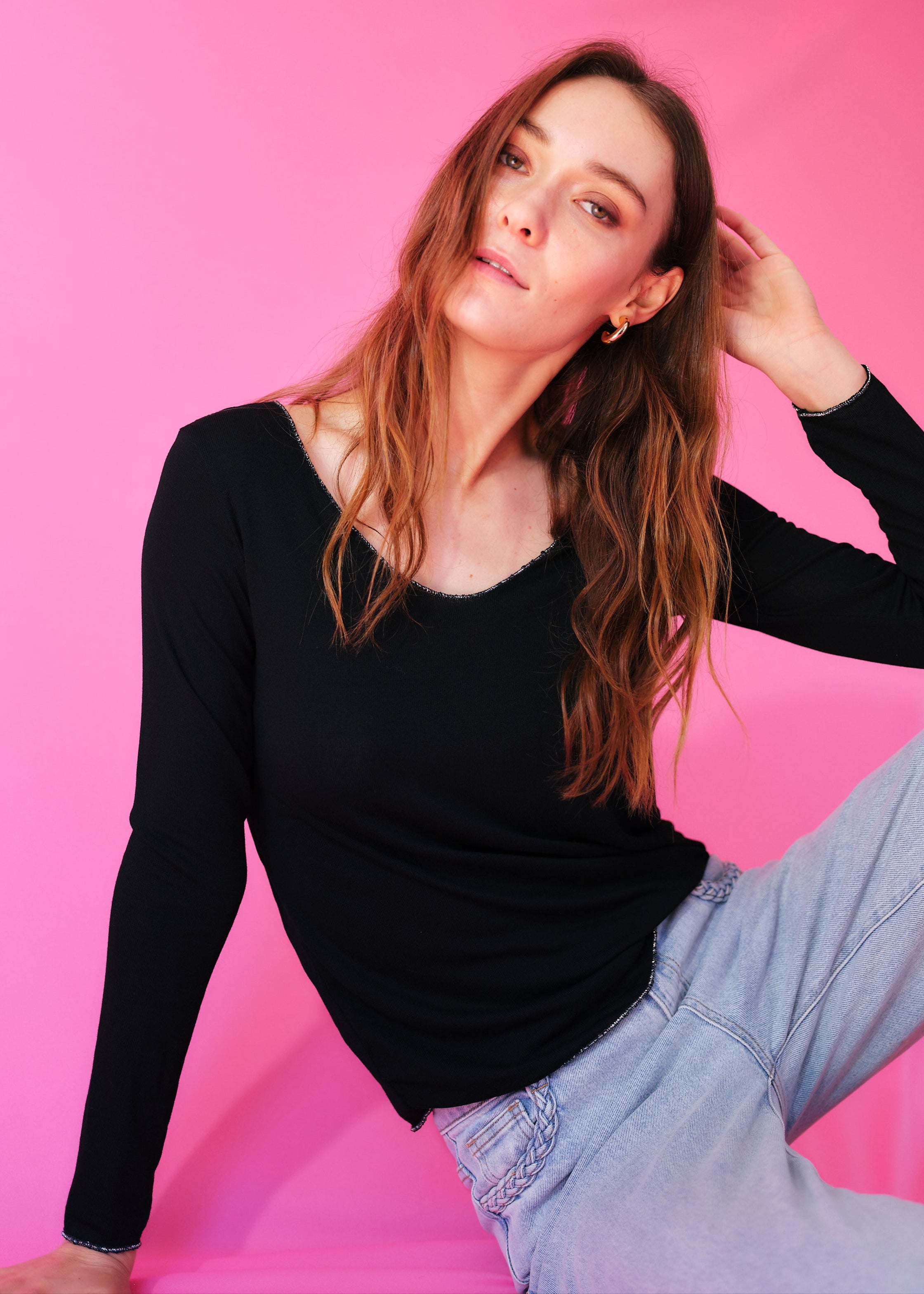 Italian V Neck Knit with Shimmer Edge in Black