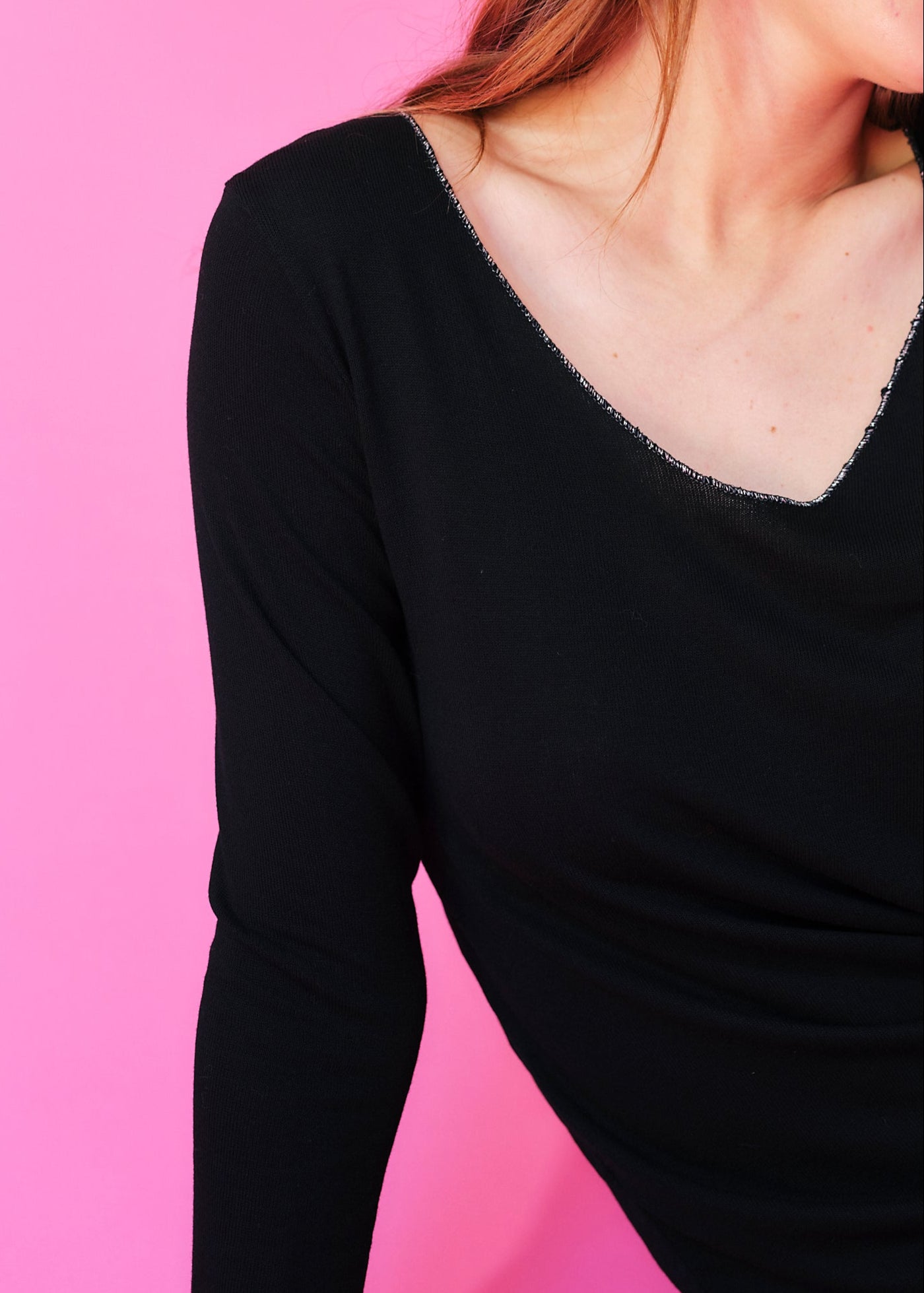 Italian V Neck Knit with Shimmer Edge in Black