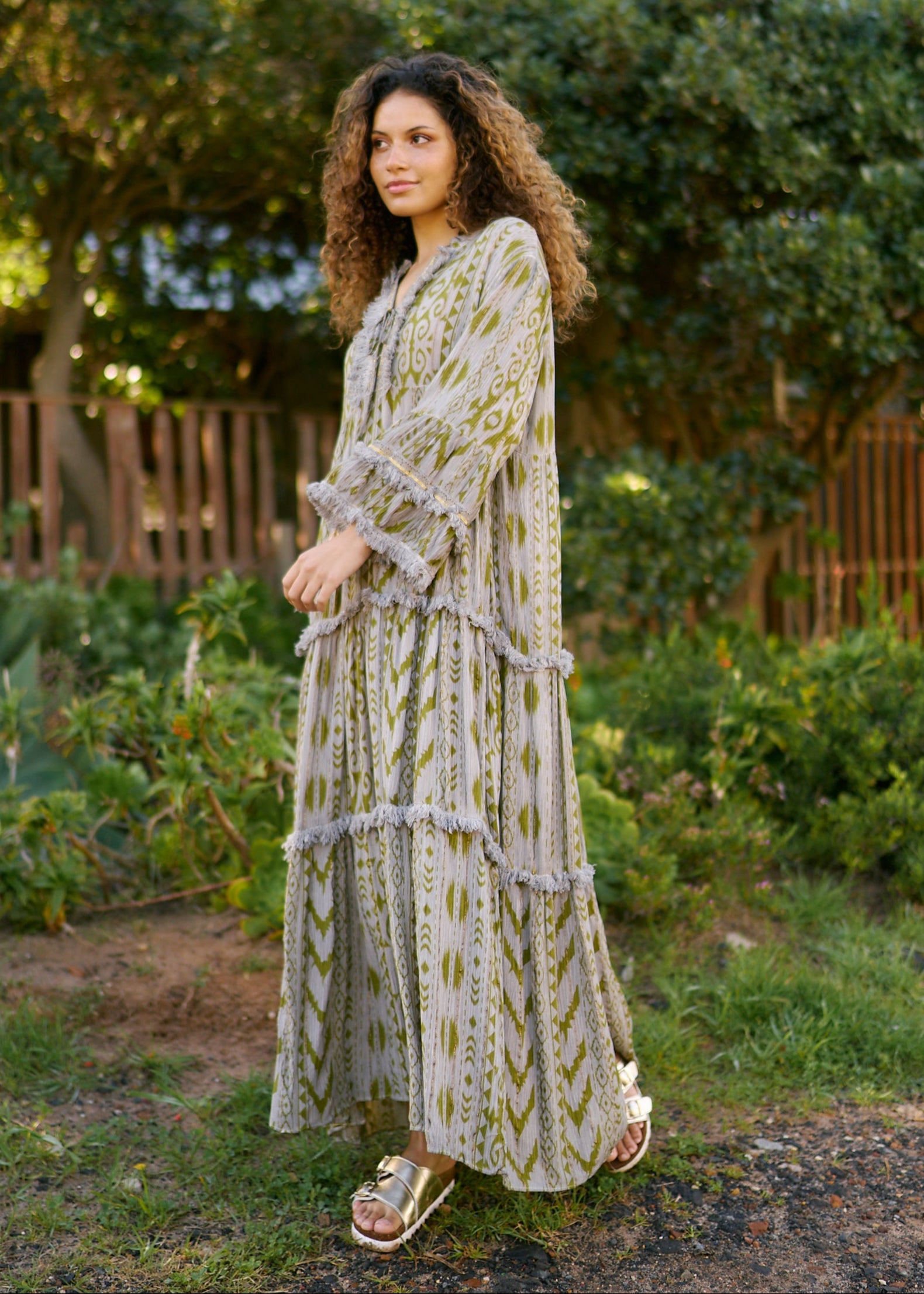 Phoebe Soft Viscose Bohemian Dress with Metallic Thread in Olive Green