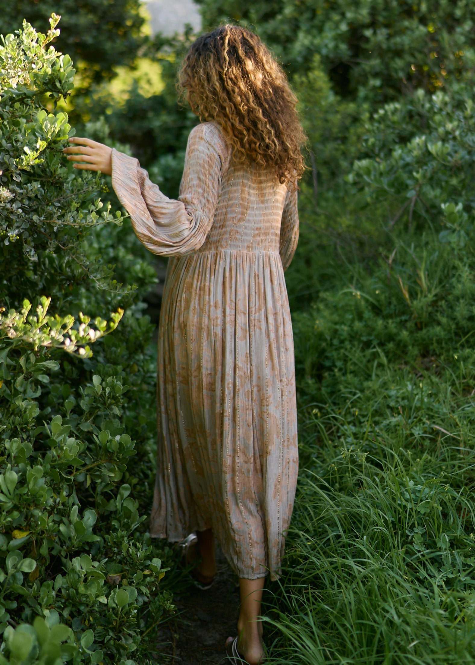 Athena Midi Bohemian Dress with Gold Lurex Thread inSoft Rust and Grey Print