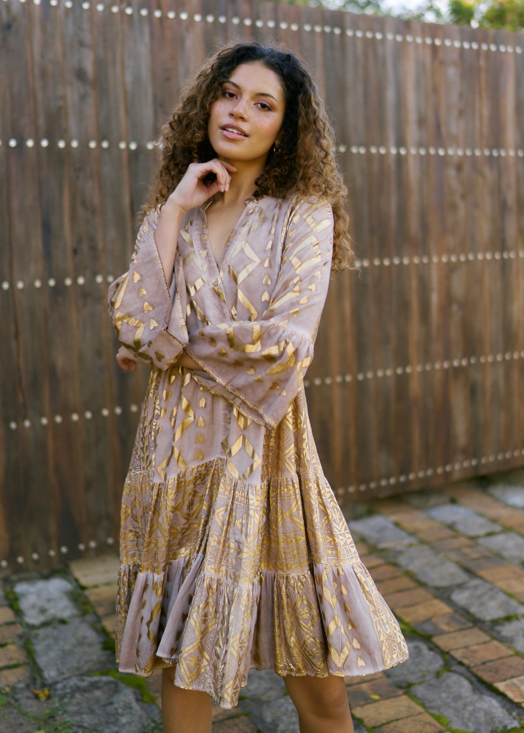 Phoebe Short Bohemian Dress with Gold Print in Caramel
