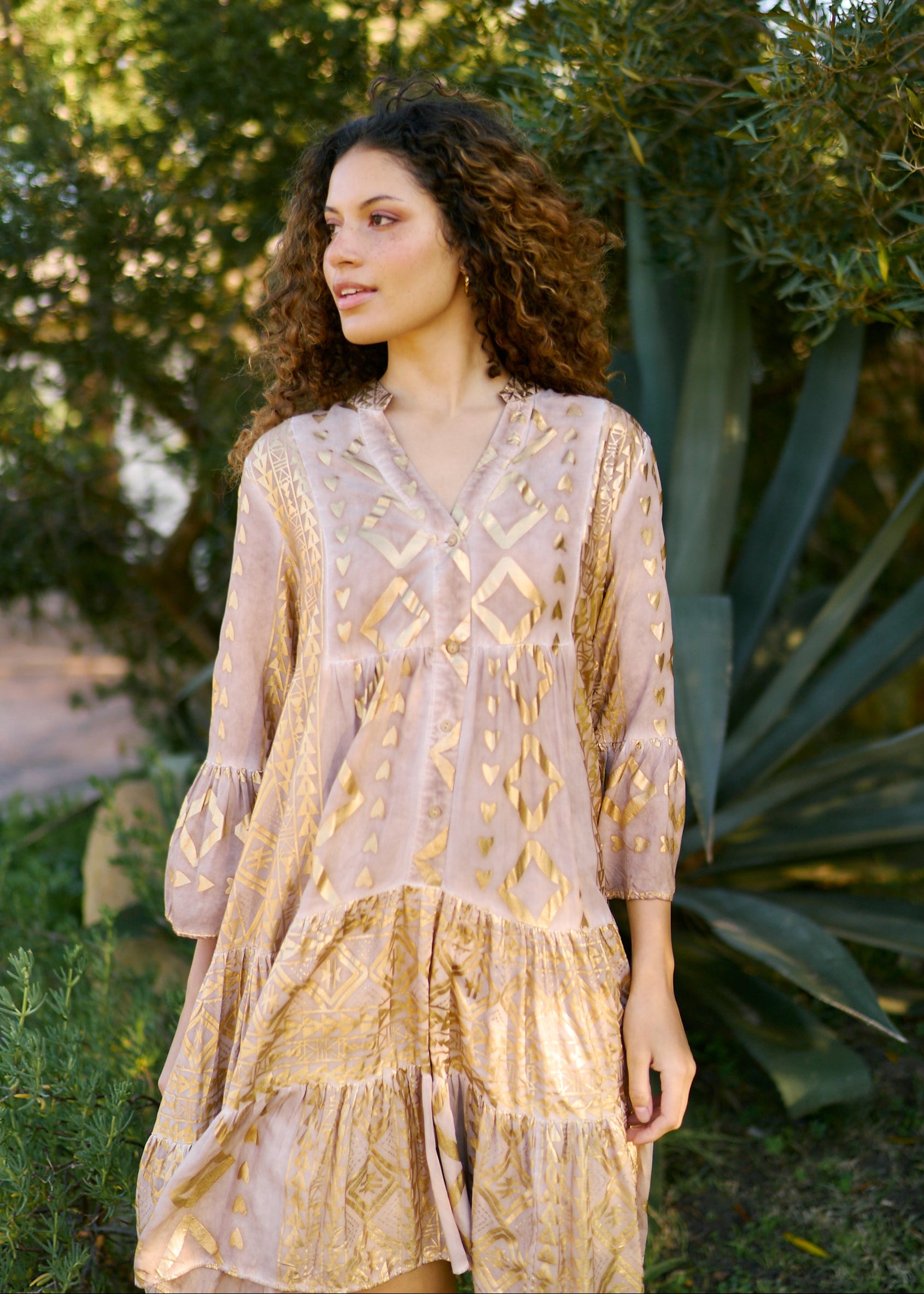 Phoebe Short Bohemian Dress with Gold Print in Caramel