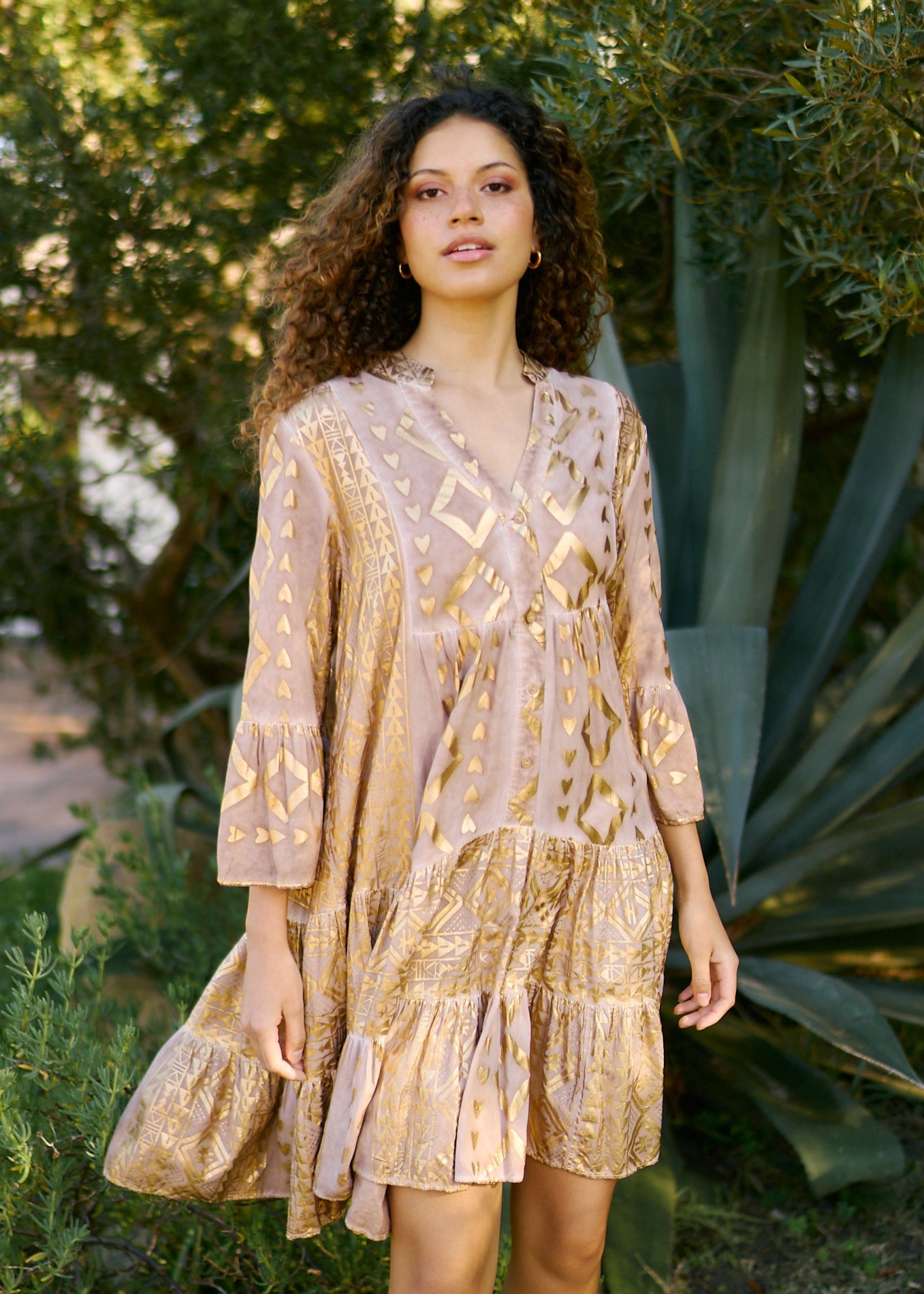 Phoebe Short Bohemian Dress with Gold Print in Caramel