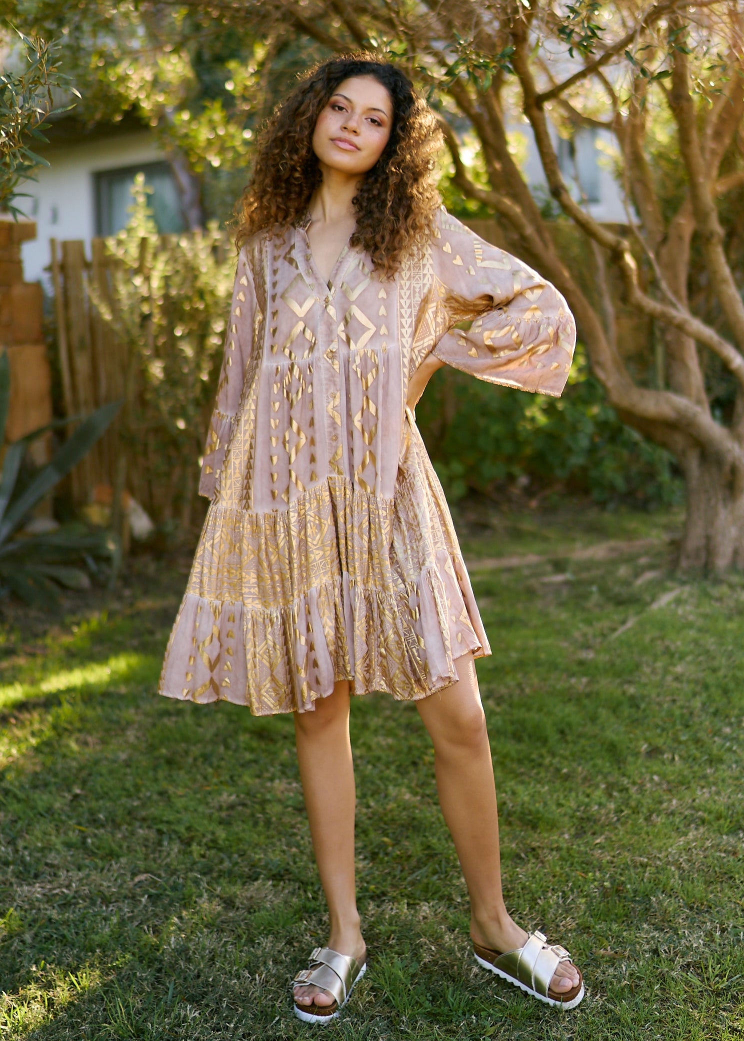 Phoebe Short Bohemian Dress with Gold Print in Caramel