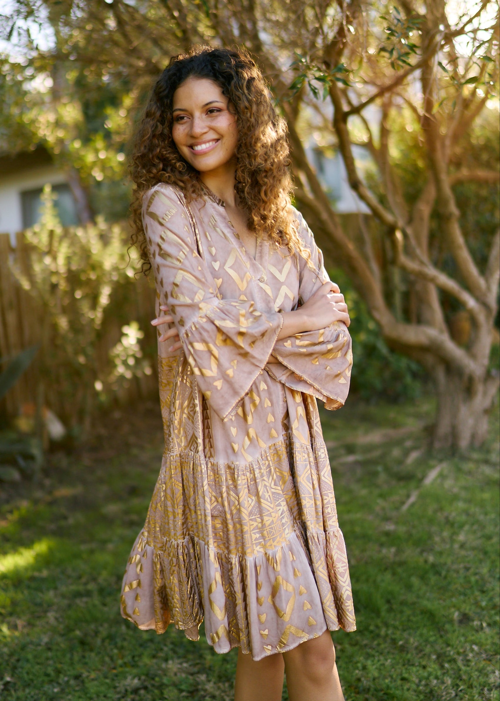 Phoebe Short Bohemian Dress with Gold Print in Caramel