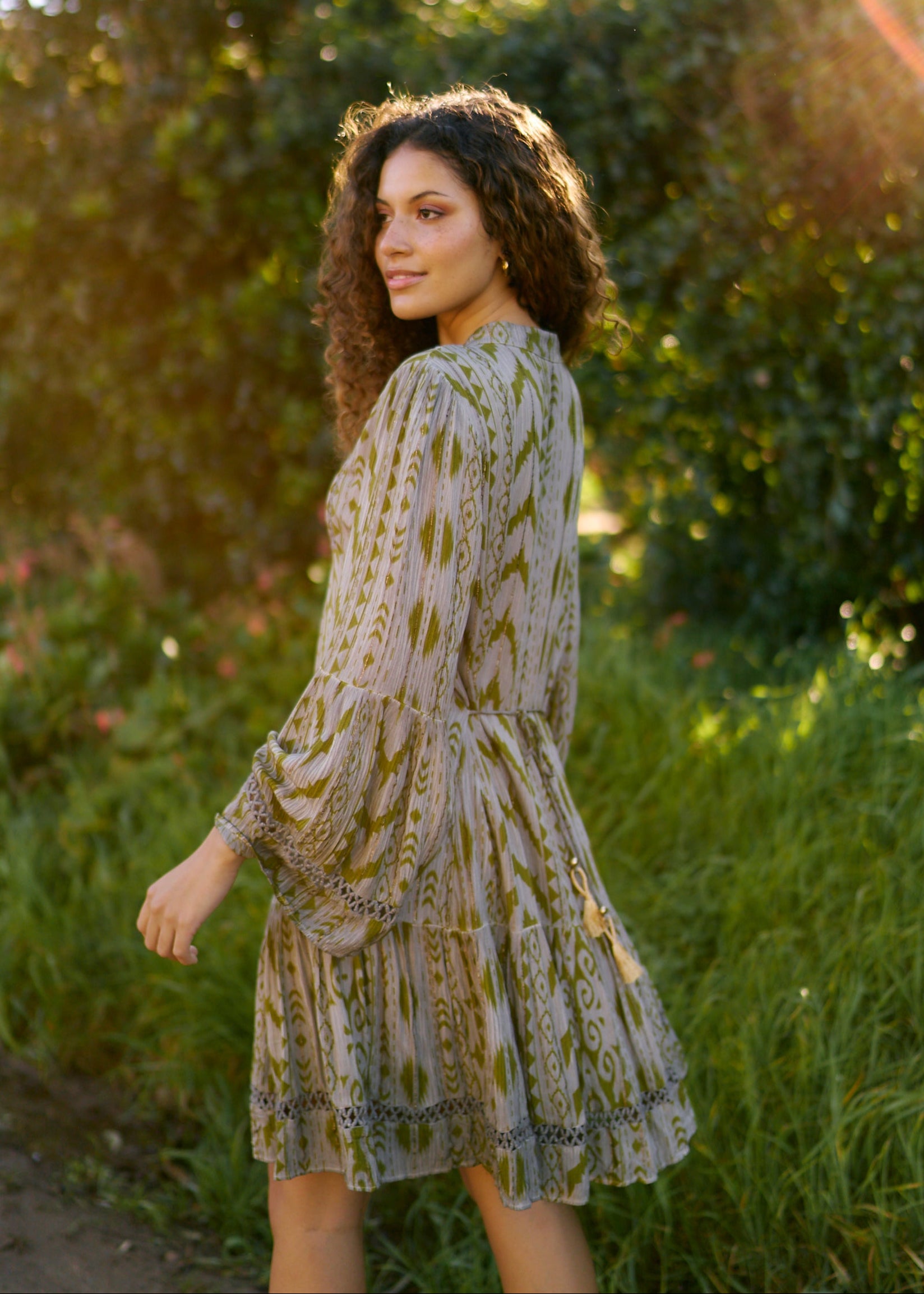 Phoebe Short Bohemian Dress with Tassels in Dark Green