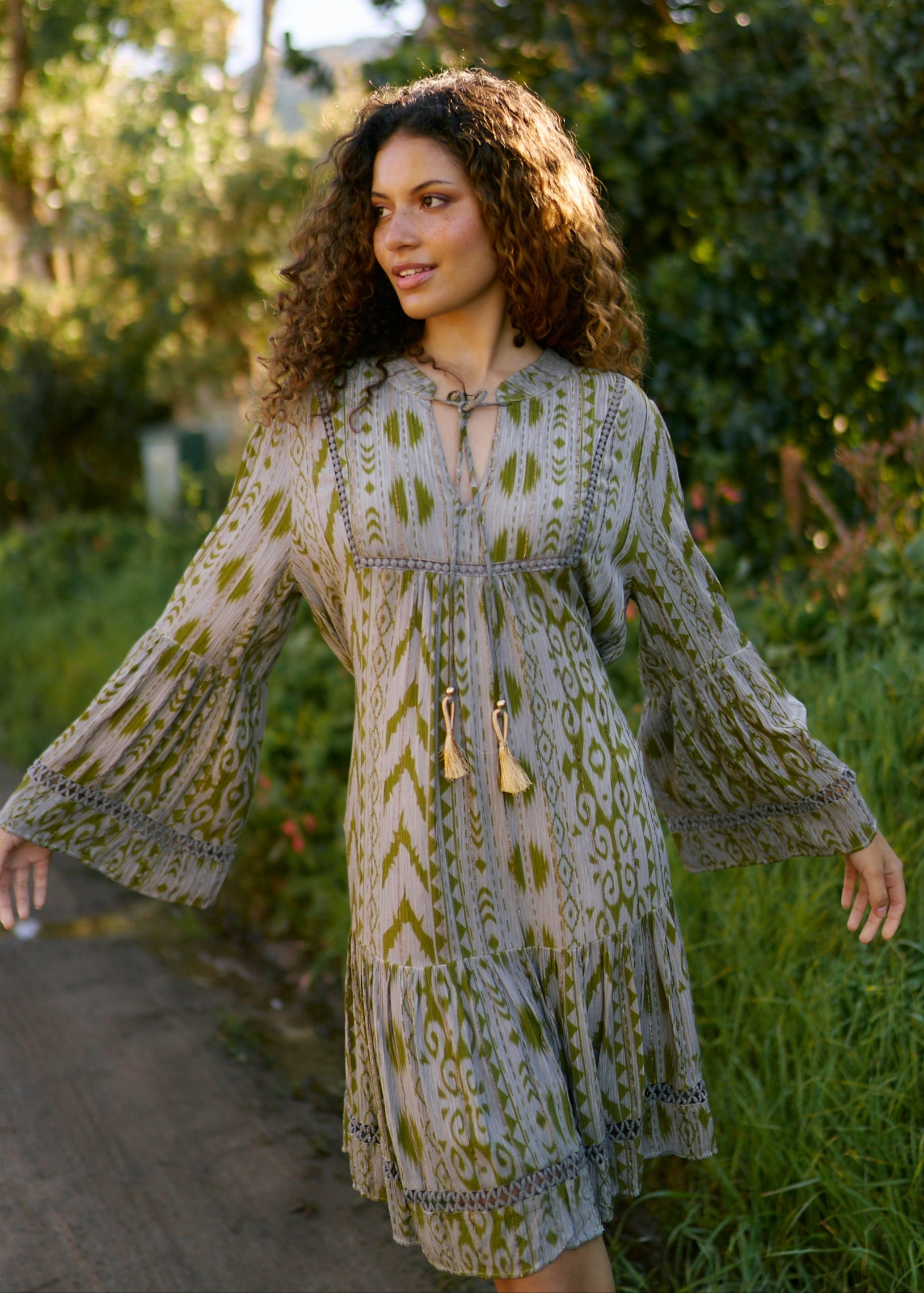 Phoebe Short Bohemian Dress with Tassels in Dark Green