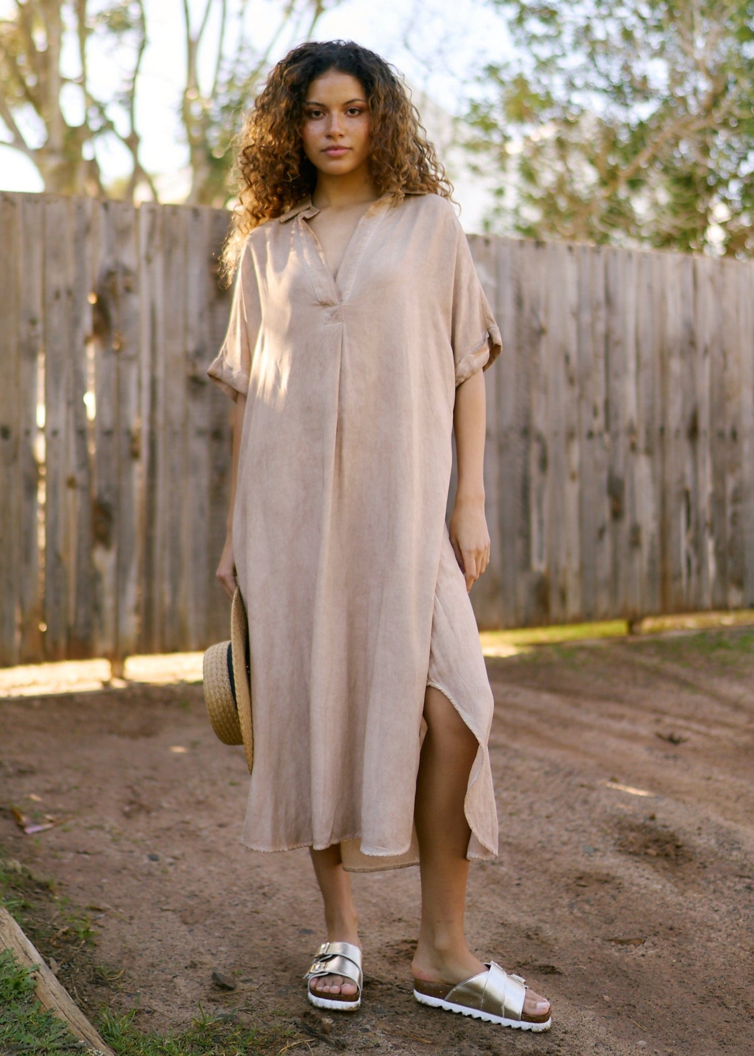 Linen Blend Bohemian Dress in Stonewashed Caramel