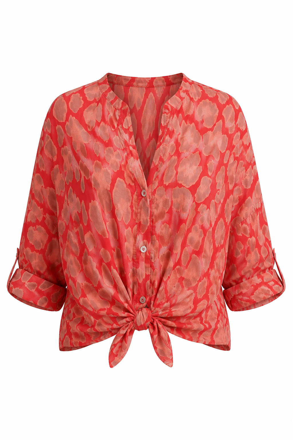 A red and pink abstract patterned blouse with three-quarter sleeves, a split V-neckline, and a front knot detail at the hem, shown against a plain white background.