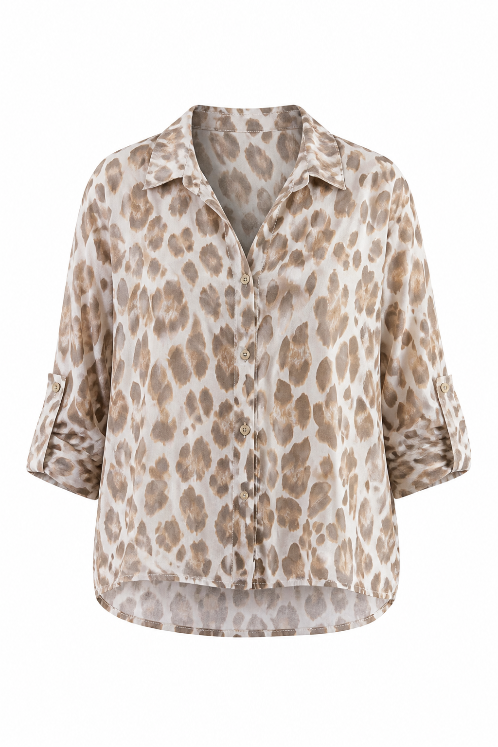 A women's button-up blouse with a beige and brown leopard print pattern, featuring three-quarter sleeves with rolled cuffs and a pointed collar, shown against a plain white background.
