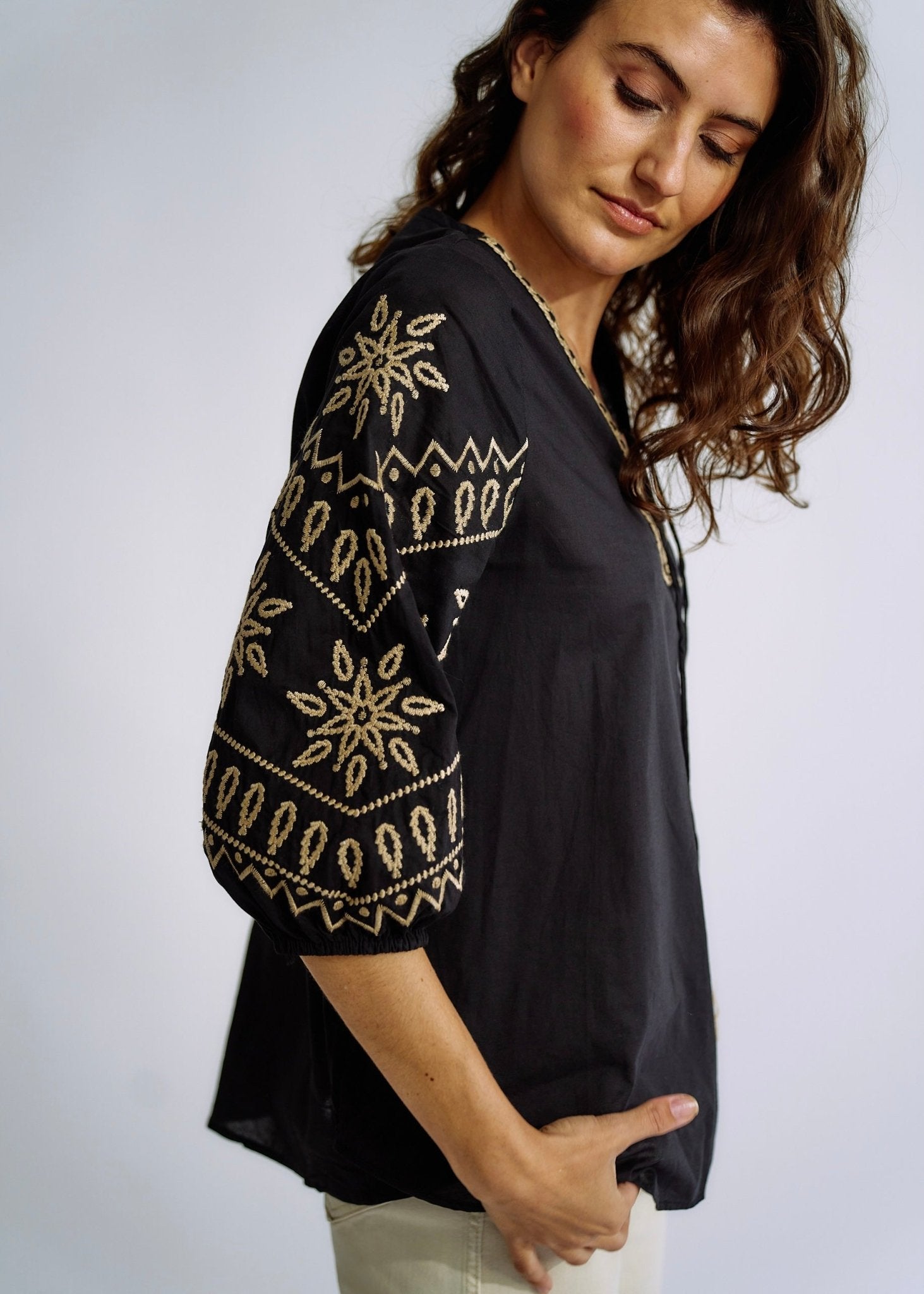 Black Linen Blend Peasant Blouse with Cream EmbroideryTOPS - Tribute Store