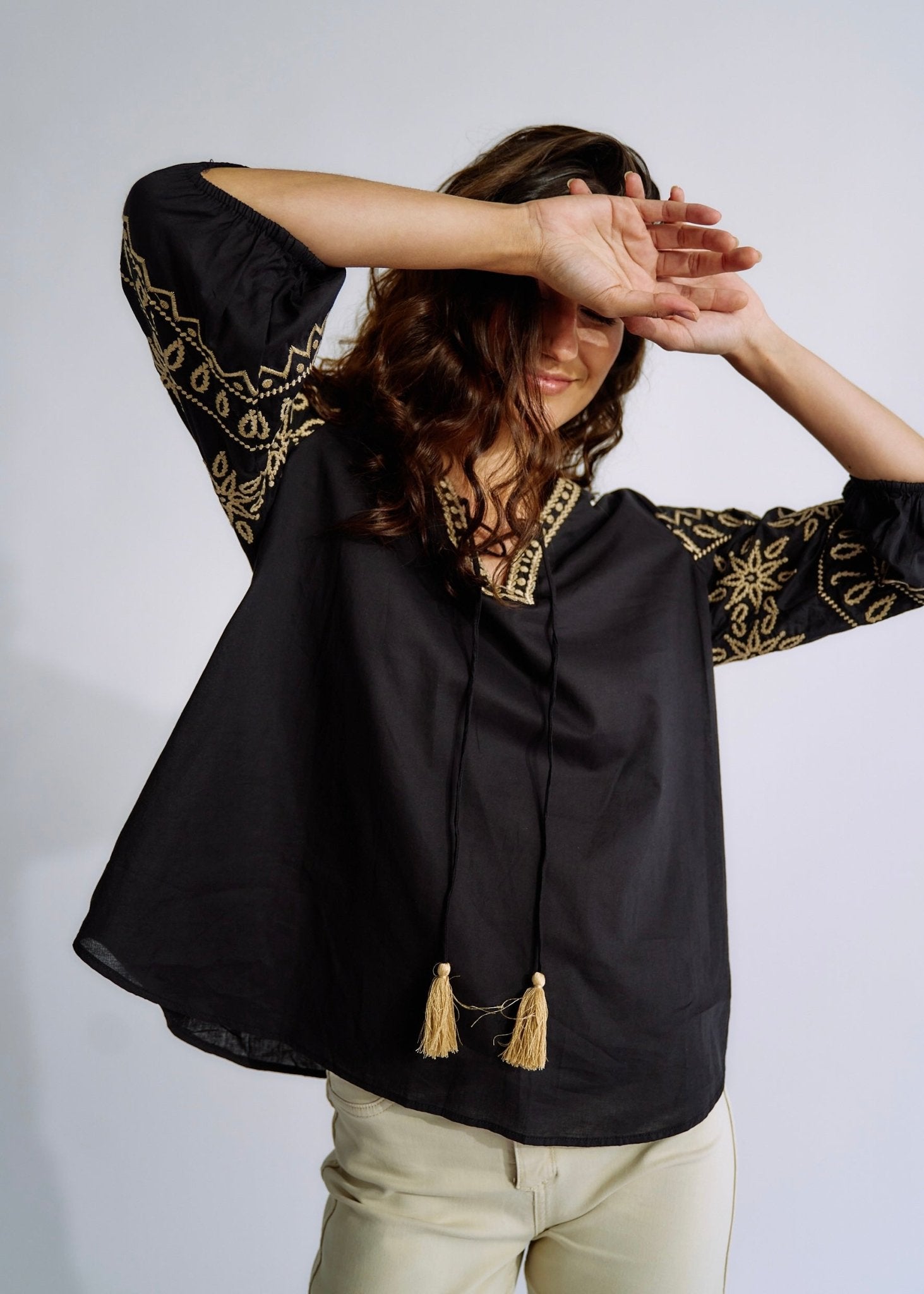 Black Linen Blend Peasant Blouse with Cream EmbroideryTOPS - Tribute Store