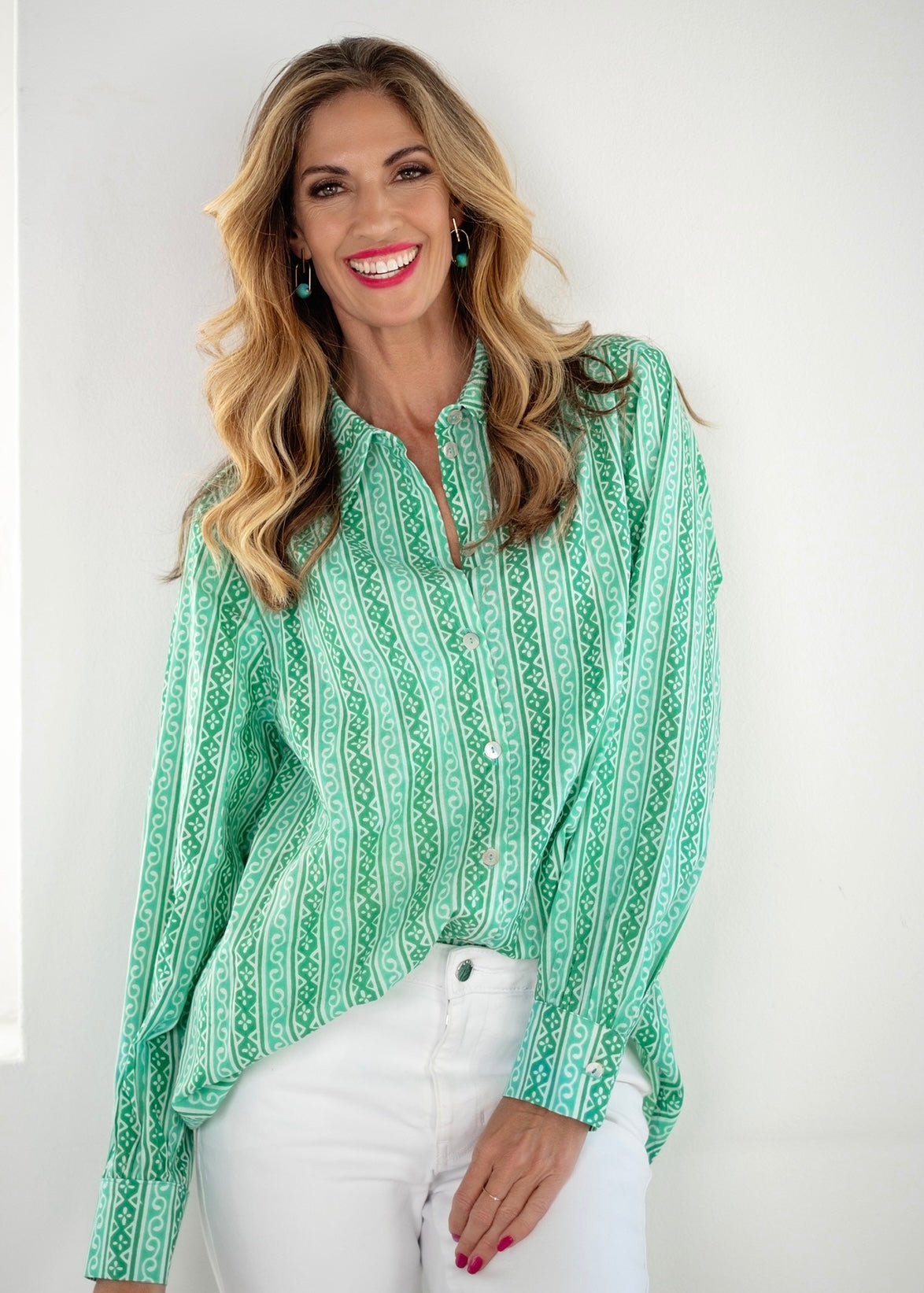 Button Down Blouse In Jade And Forest GreenTOPS - Tribute Store