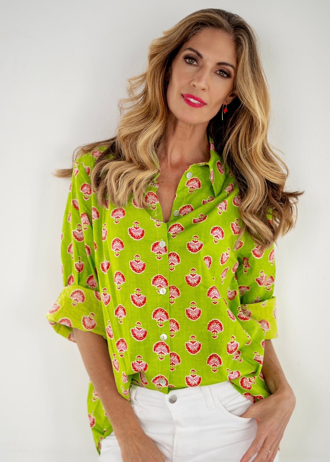 Button Down Blouse In Lime And RedTOPS - Tribute Store