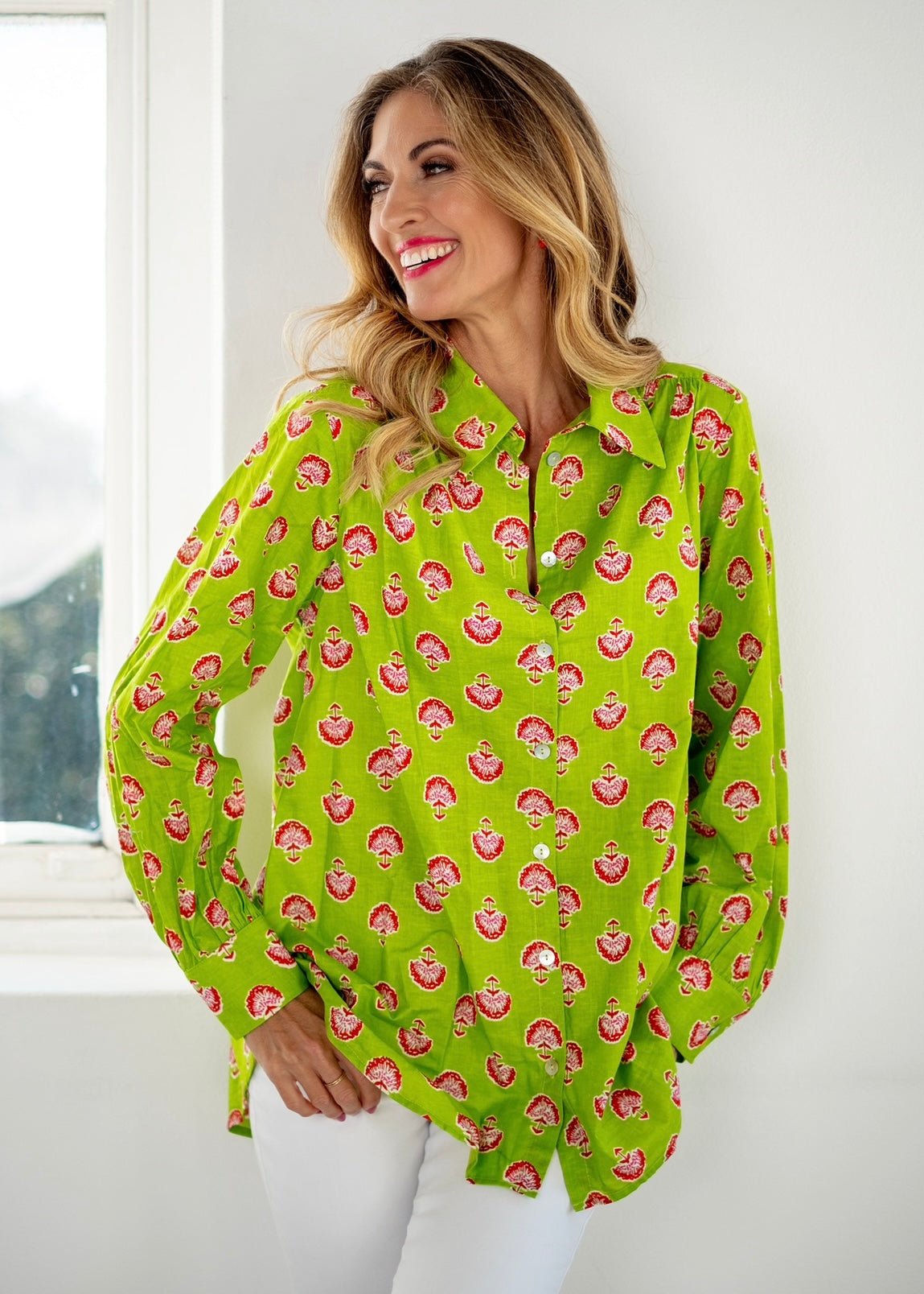 Button Down Blouse In Lime And RedTOPS - Tribute Store