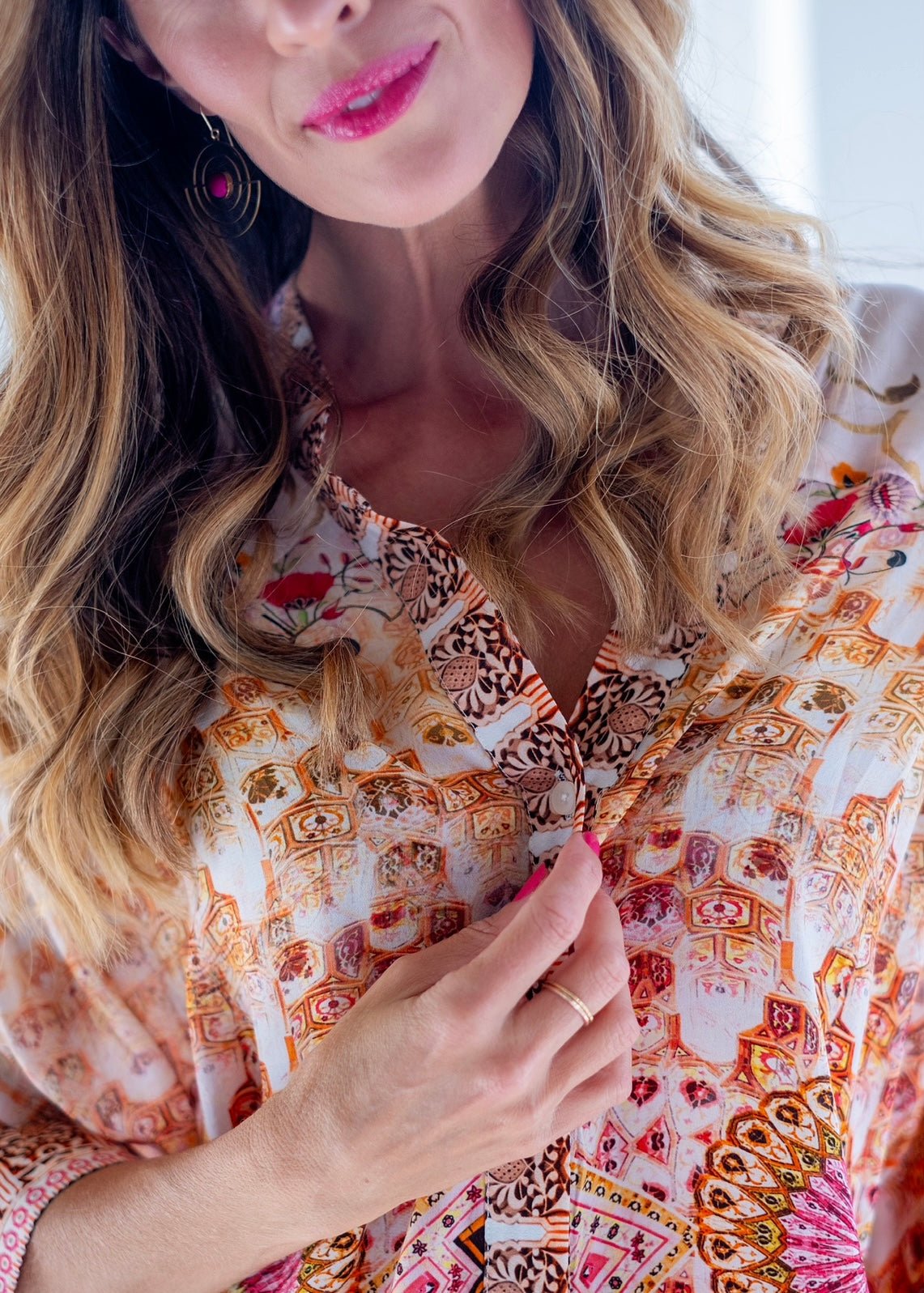 Button Up Blouse With Paisley Print In Coral And PinkTOPS - Tribute Store