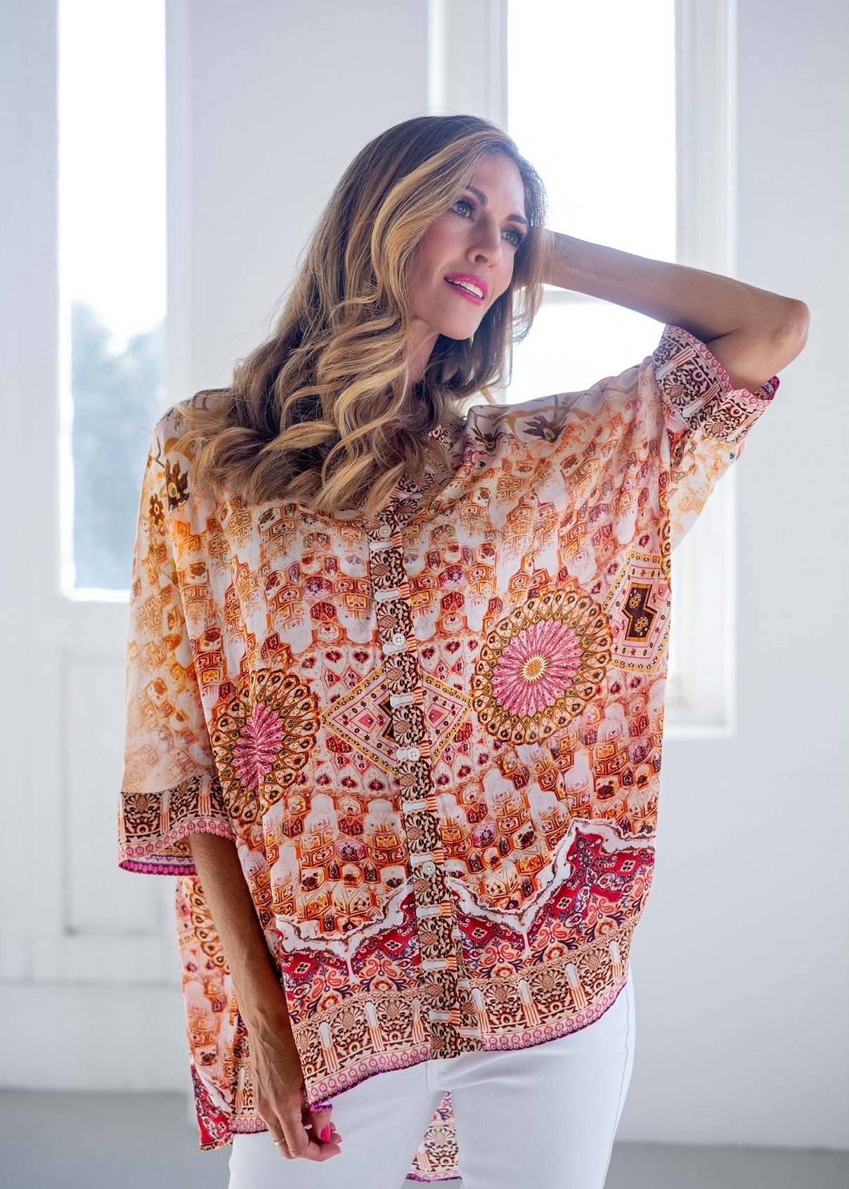 Button Up Blouse With Paisley Print In Coral And PinkTOPS - Tribute Store