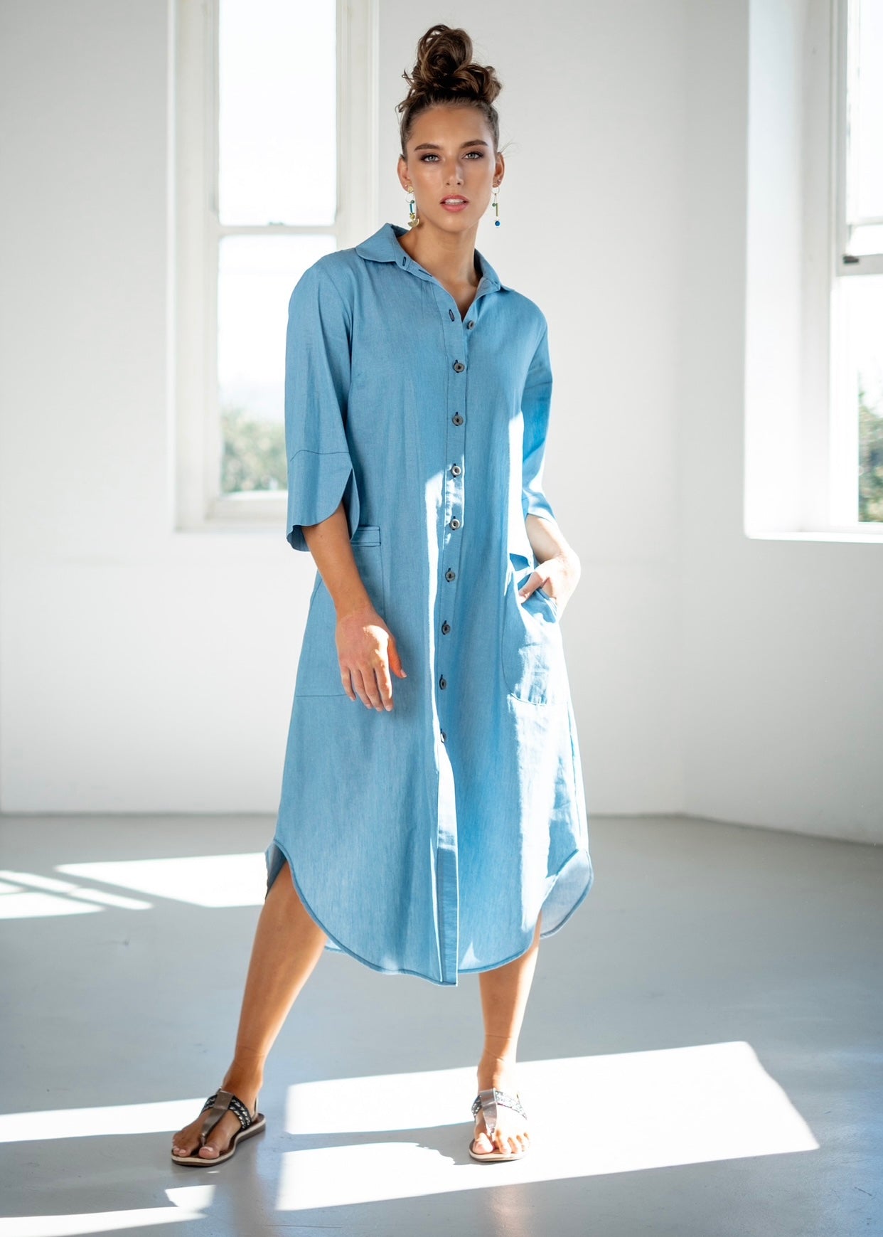 Button up Midi Shirt Dress In Denim Blue - Tribute StoreICONIC