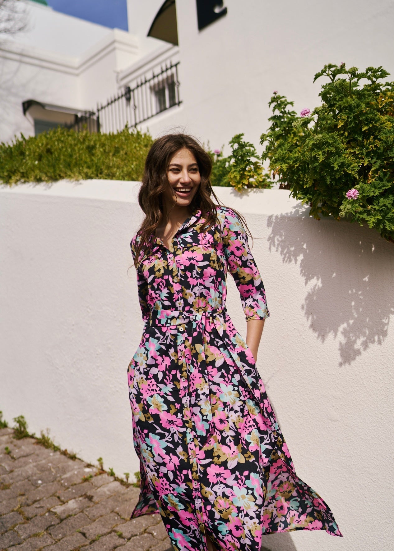 Button up Midi Shirt Dress With Pink Floral Print In BlackDRESSES - Tribute Store