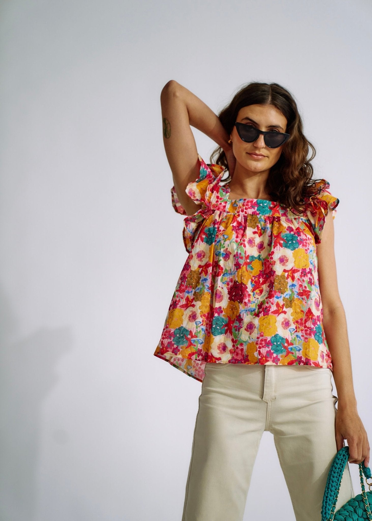 View our Cotton Frill Sleeved Blouse in Bright Summer Floral - The ultimate TOPS created by TRIBUTE and sold here, at Tribute Store