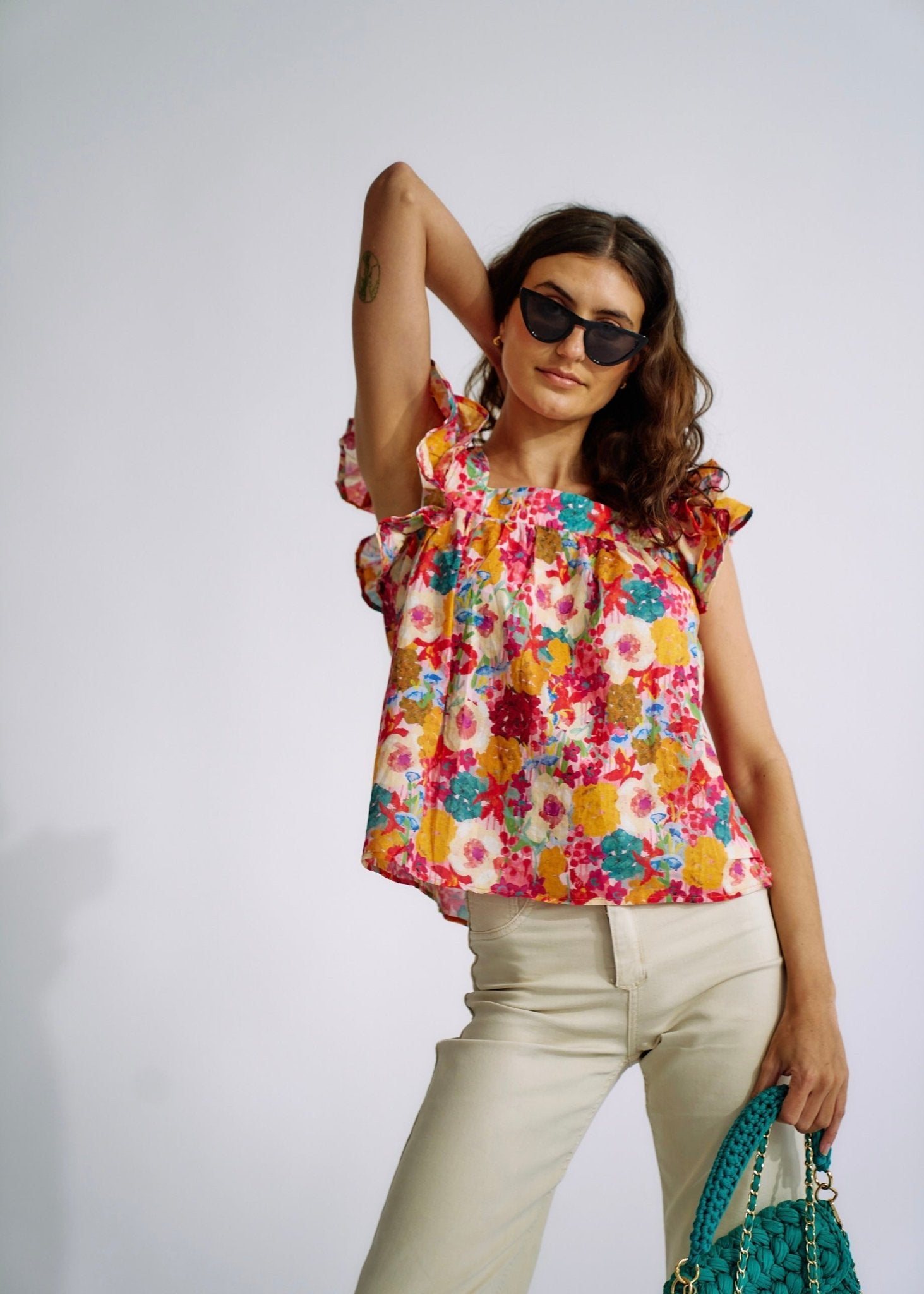 View our Cotton Frill Sleeved Blouse in Bright Summer Floral - The ultimate TOPS created by TRIBUTE and sold here, at Tribute Store