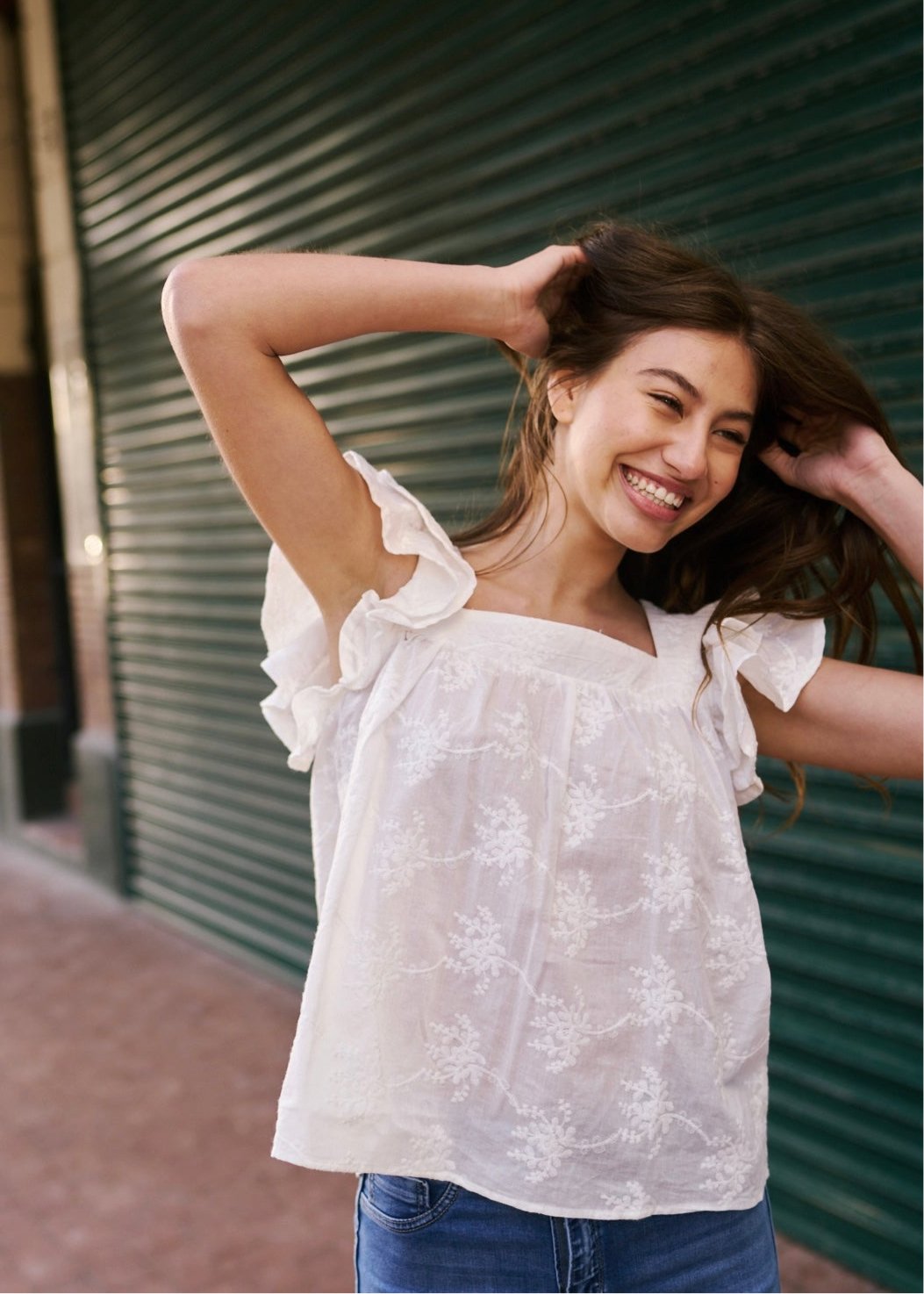 Cotton Frill Sleeved Blouse with Floral Embroidery in WhiteTOPS - Tribute Store