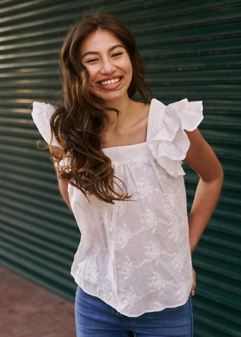 View our Cotton Frill Sleeved Blouse with Floral Embroidery in White - by Tribute Store