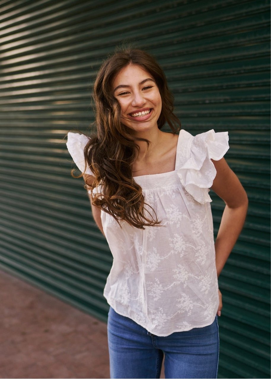 View our Cotton Frill Sleeved Blouse with Floral Embroidery in White - The ultimate TOPS created by TRIBUTE and sold here, at Tribute Store