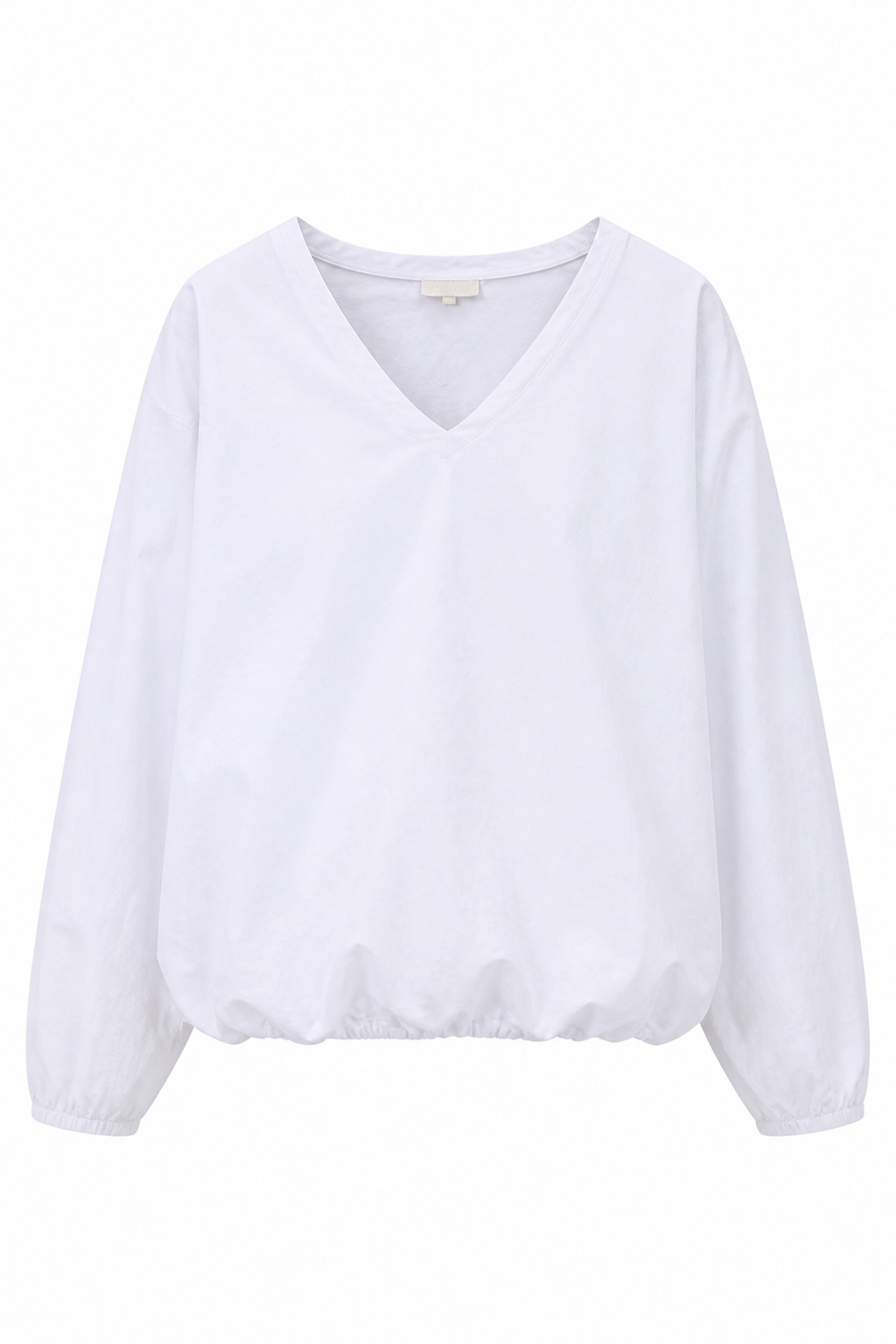 A white long-sleeve V-neck top with a gathered elastic hem, shown against a plain white background.