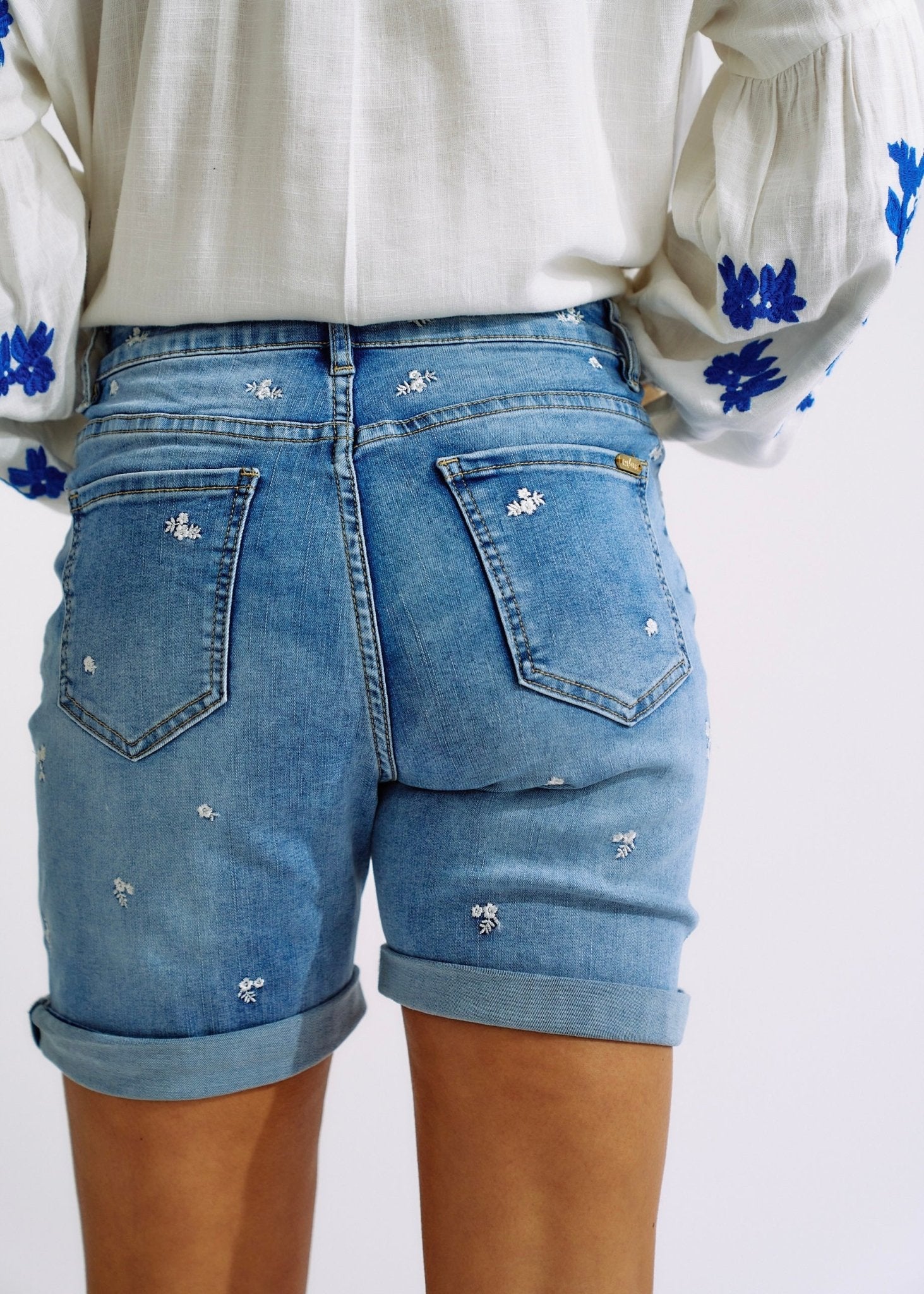 Denim Shorts with Floral Embroidery and Crochet BeltBOTTOMS - Tribute Store